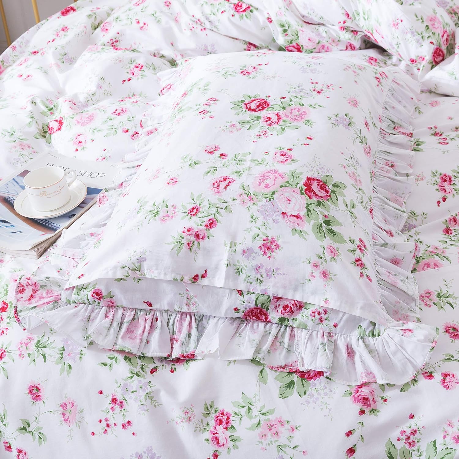 FADFAY 4-Piece Premium Cotton Bedding Set with Pink Rose Print