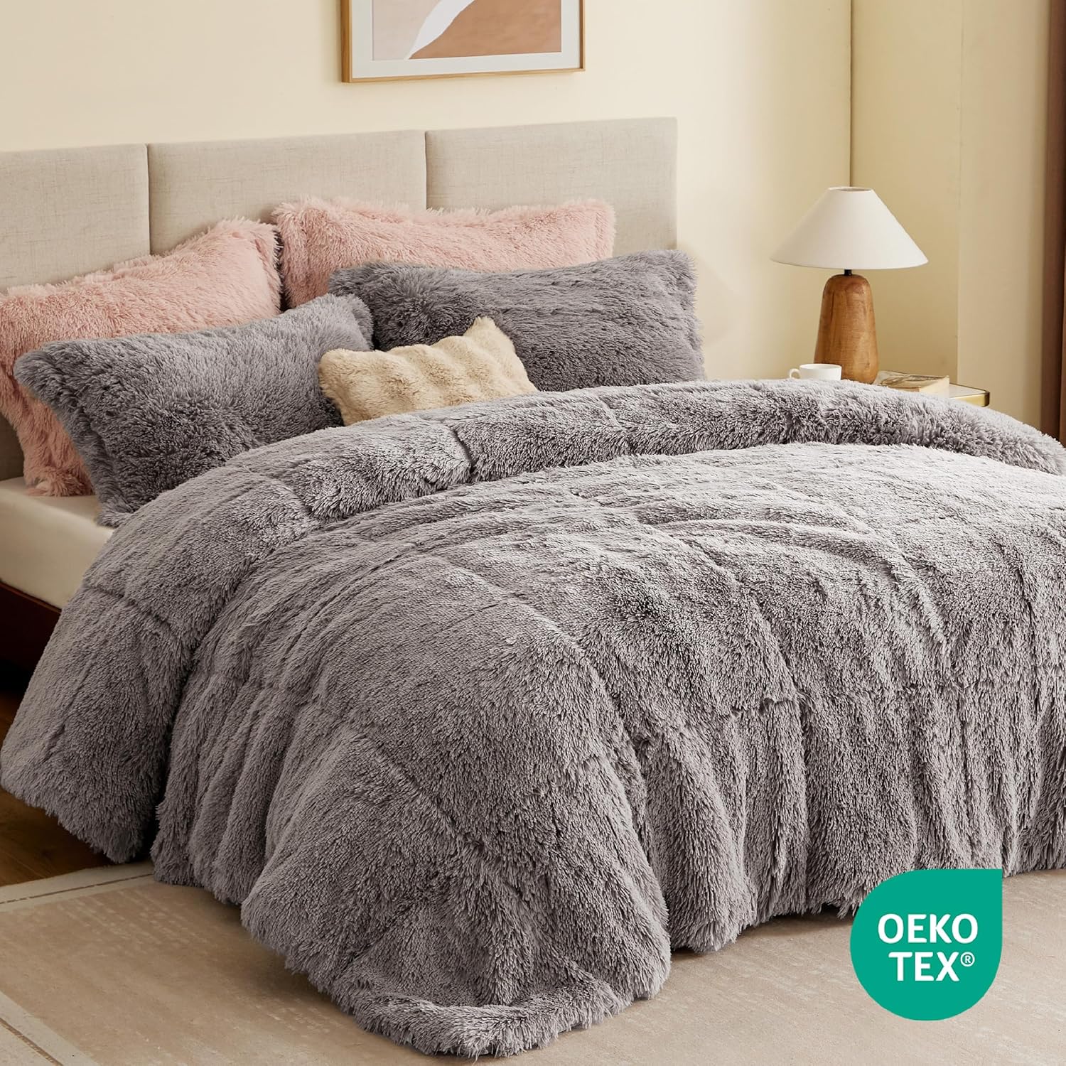 Intelligent Design Shaggy Comforter Set Faux Fur Down Alternative Grey 3 Piece