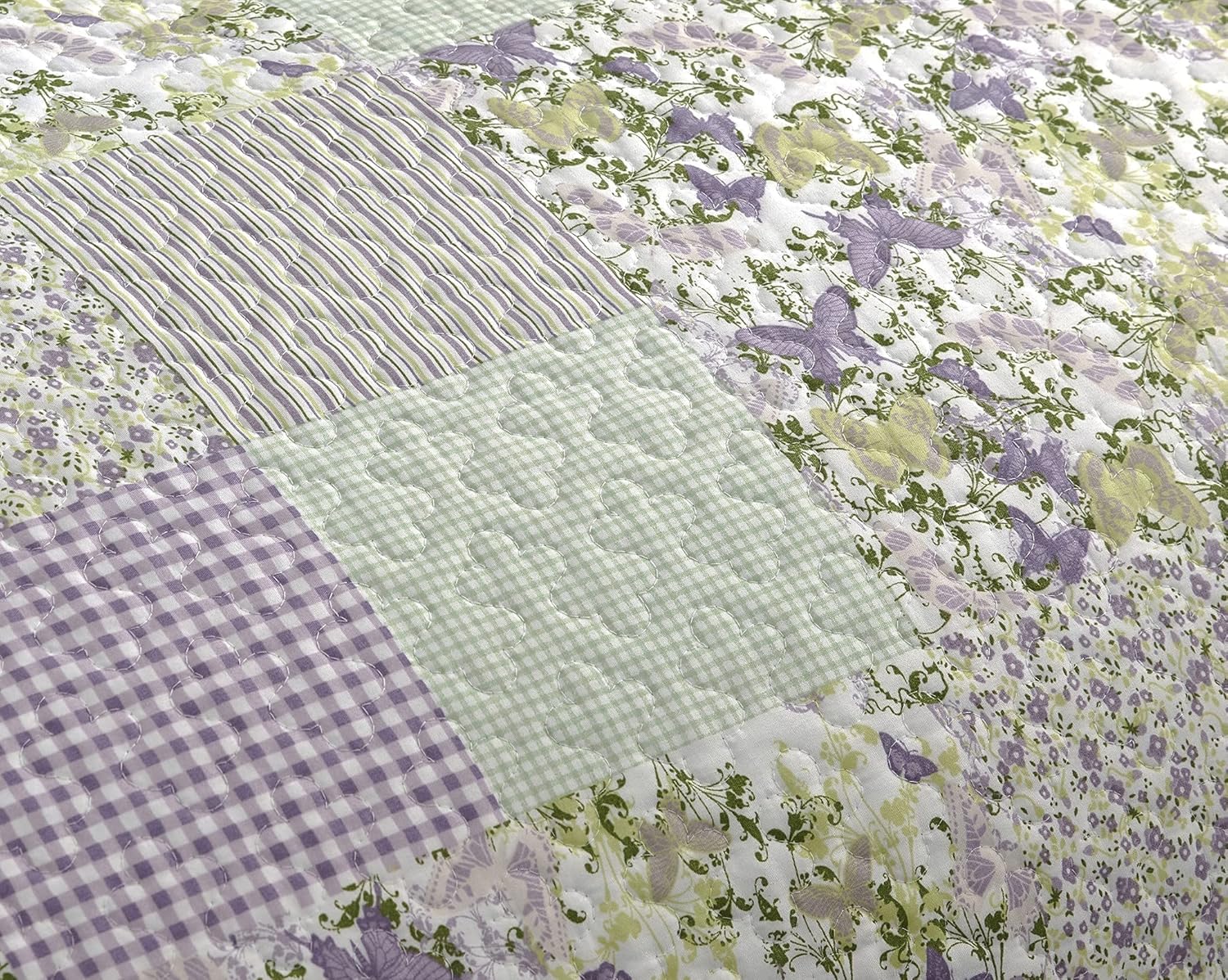 Chezmoi Collection Daisy 3-Piece Quilt Set - Purple Butterfly Botanical Design