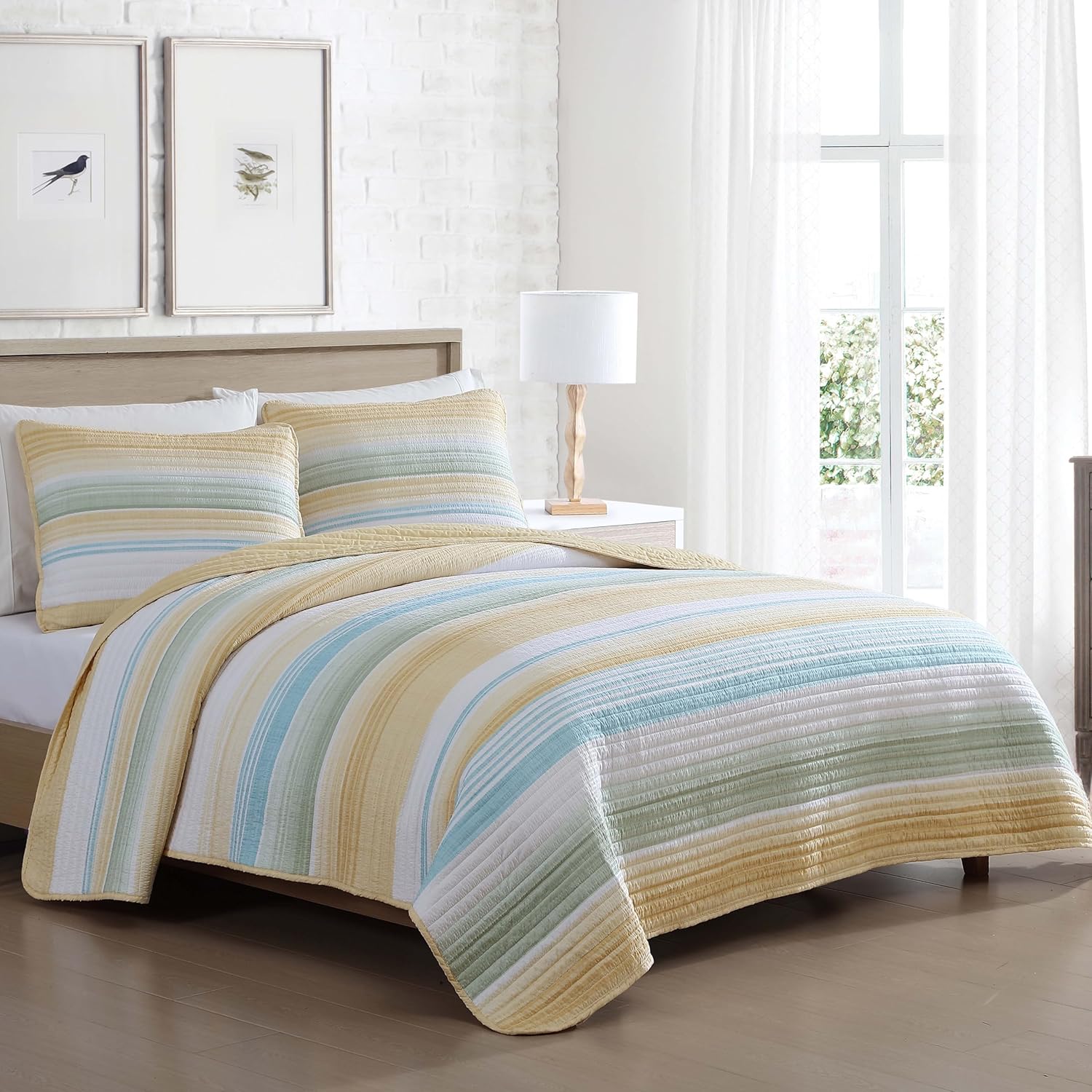 Beatrice Home Fashions Coralinn Striped Quilt Set Twin Yellow Sage