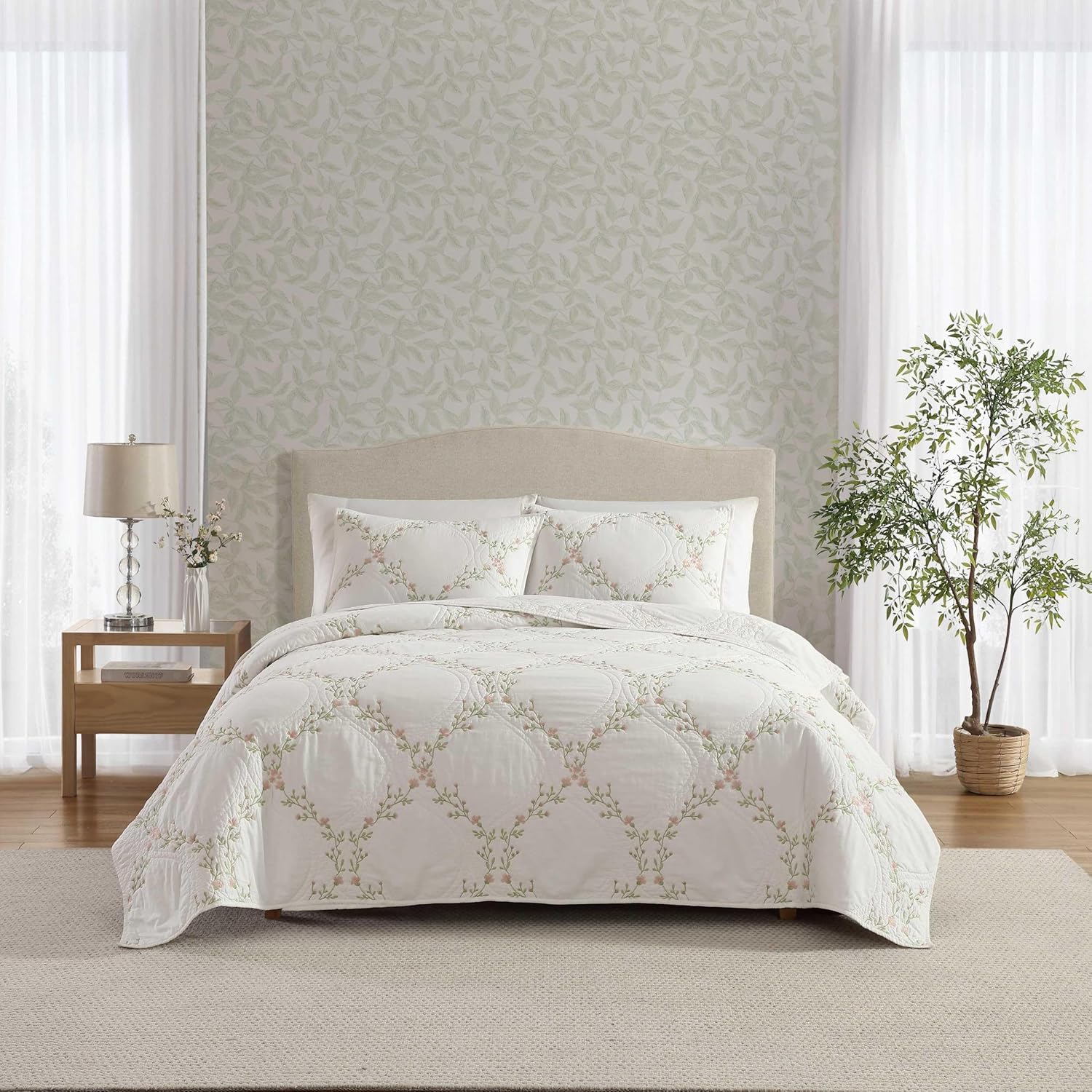 Laura Ashley Twin Quilt Set with Floral Embroidery