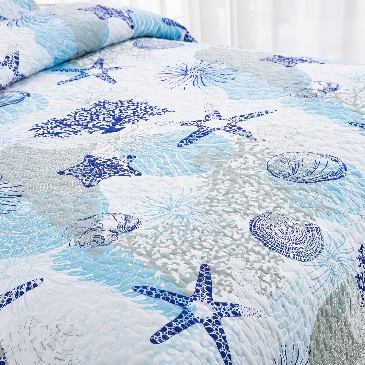 Dinjoy Coastal Quilt Set Queen Size Blue Ocean Theme