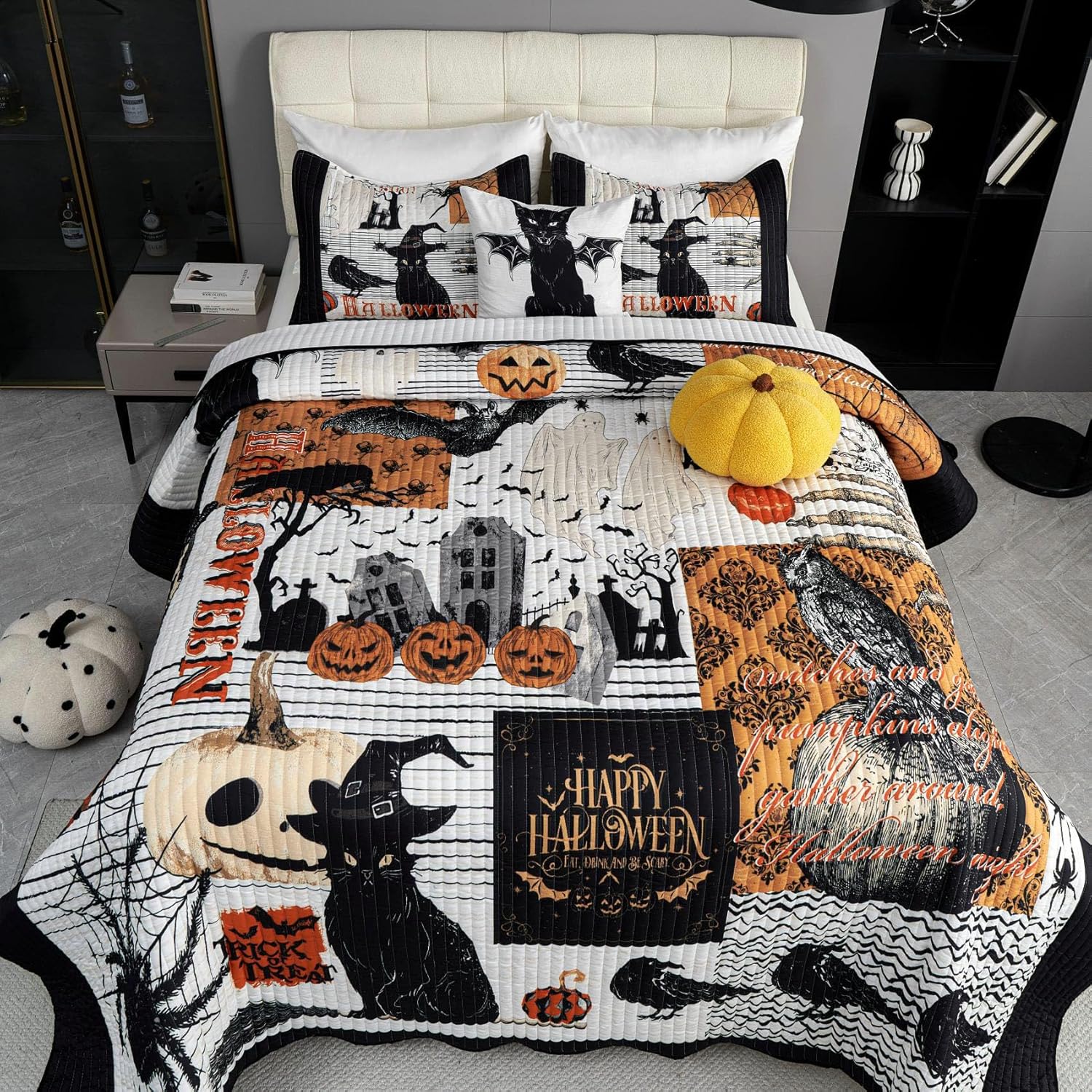Cmfshape Halloween Quilt Set Queen Size Black Reversible