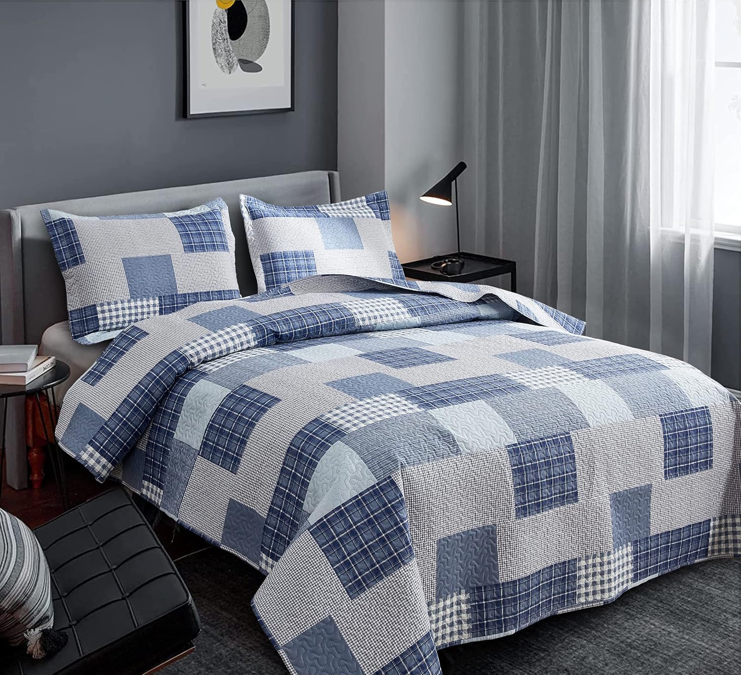 Jessy Home King Size Plaid Quilt Bedding Set