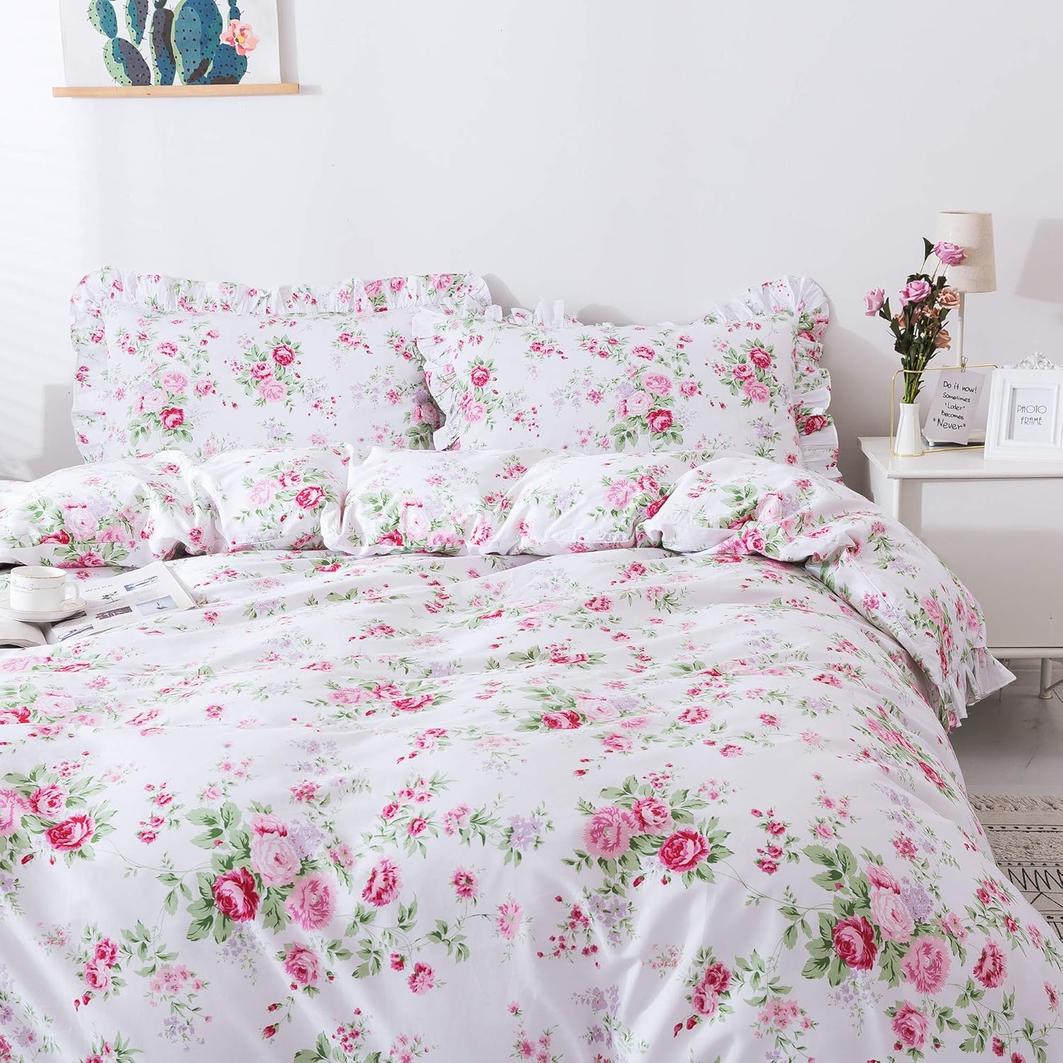 FADFAY 4-Piece Premium Cotton Bedding Set with Pink Rose Print
