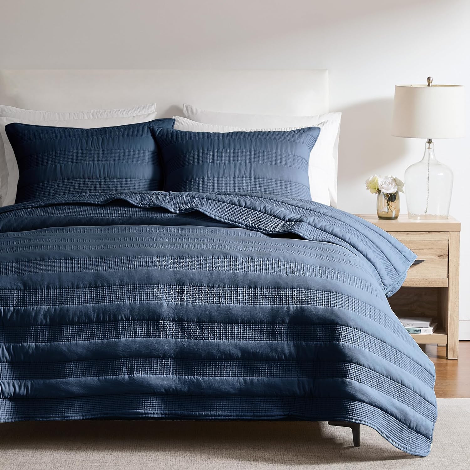HomeSerene Navy Blue Striped Queen Quilt Set