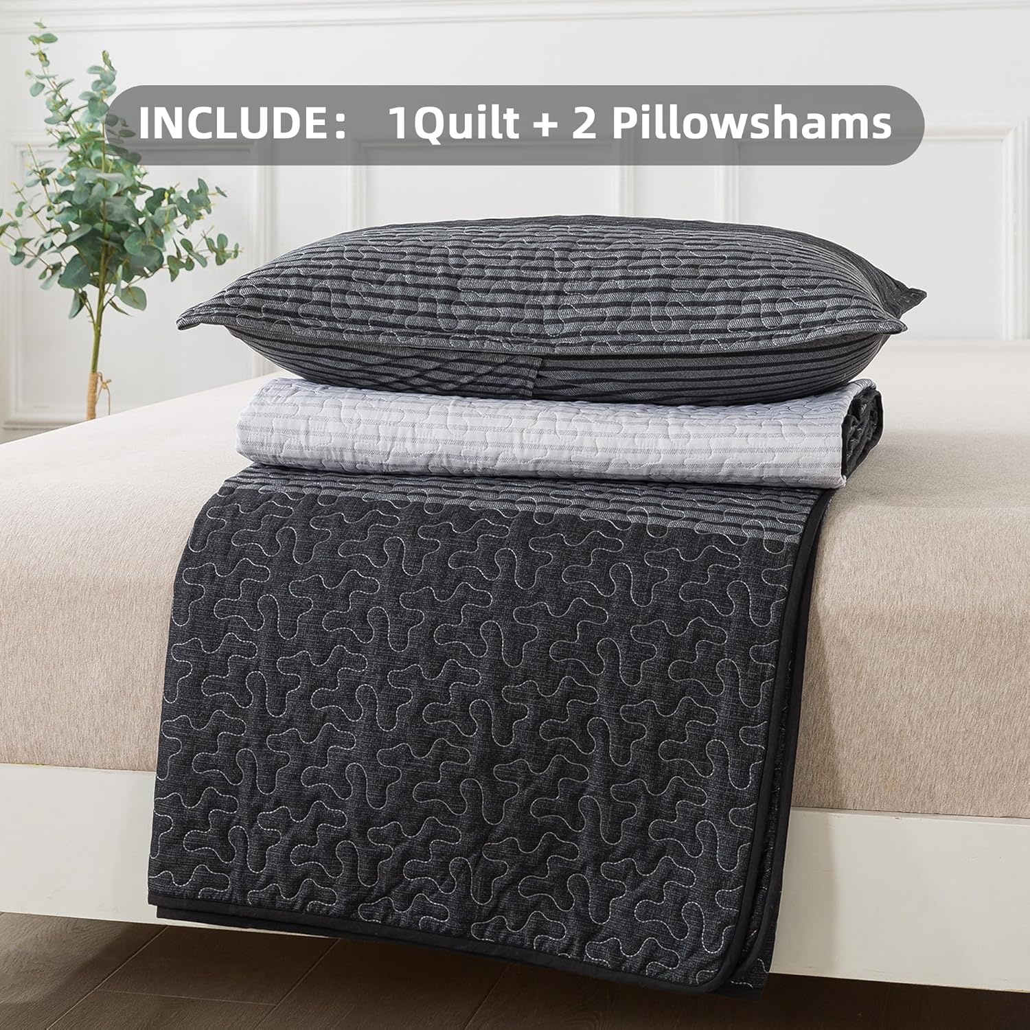 Andency King Size Quilt Set Black and White Striped