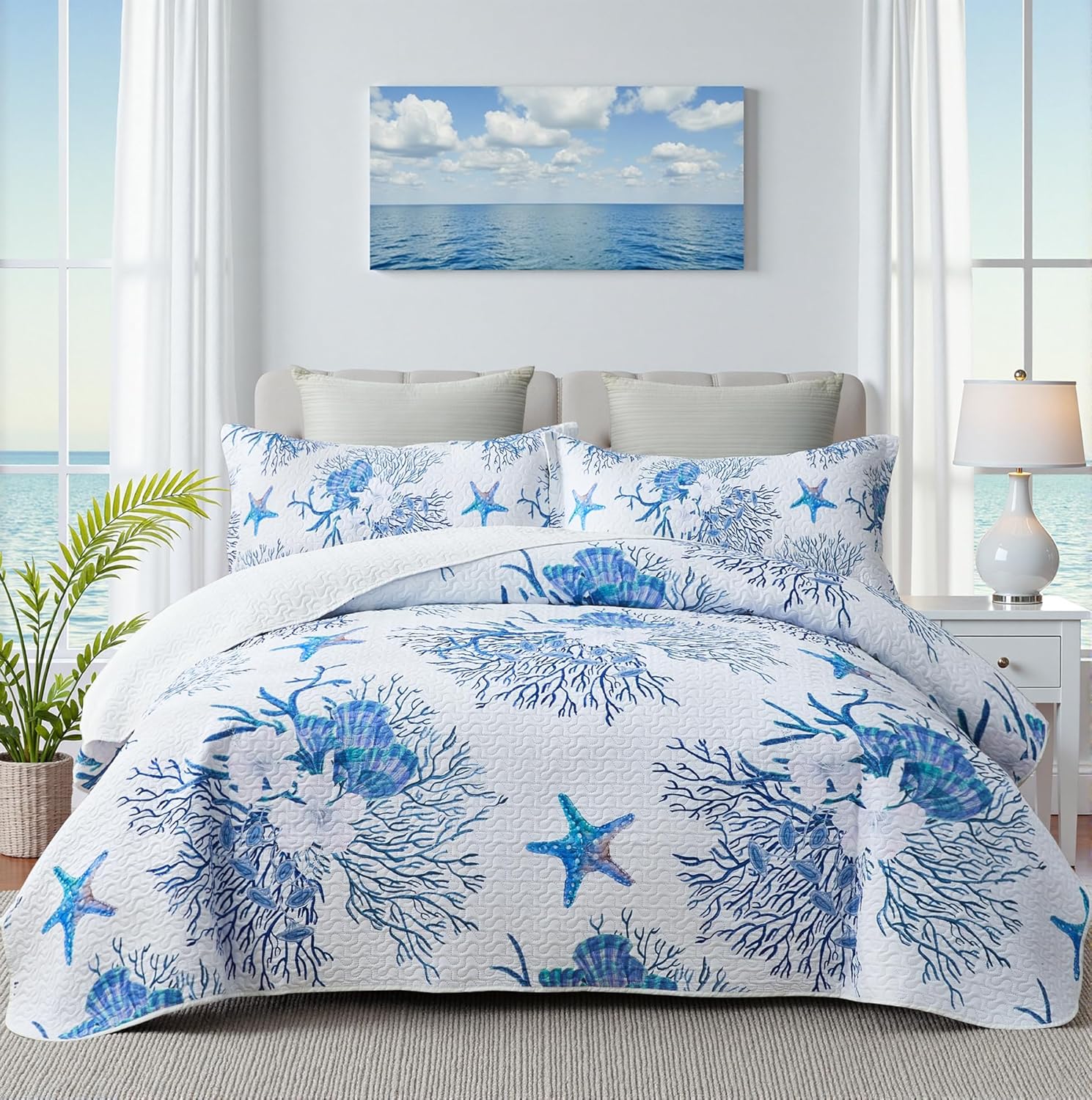 Coastal Bedding King Size Quilt with Sham Set