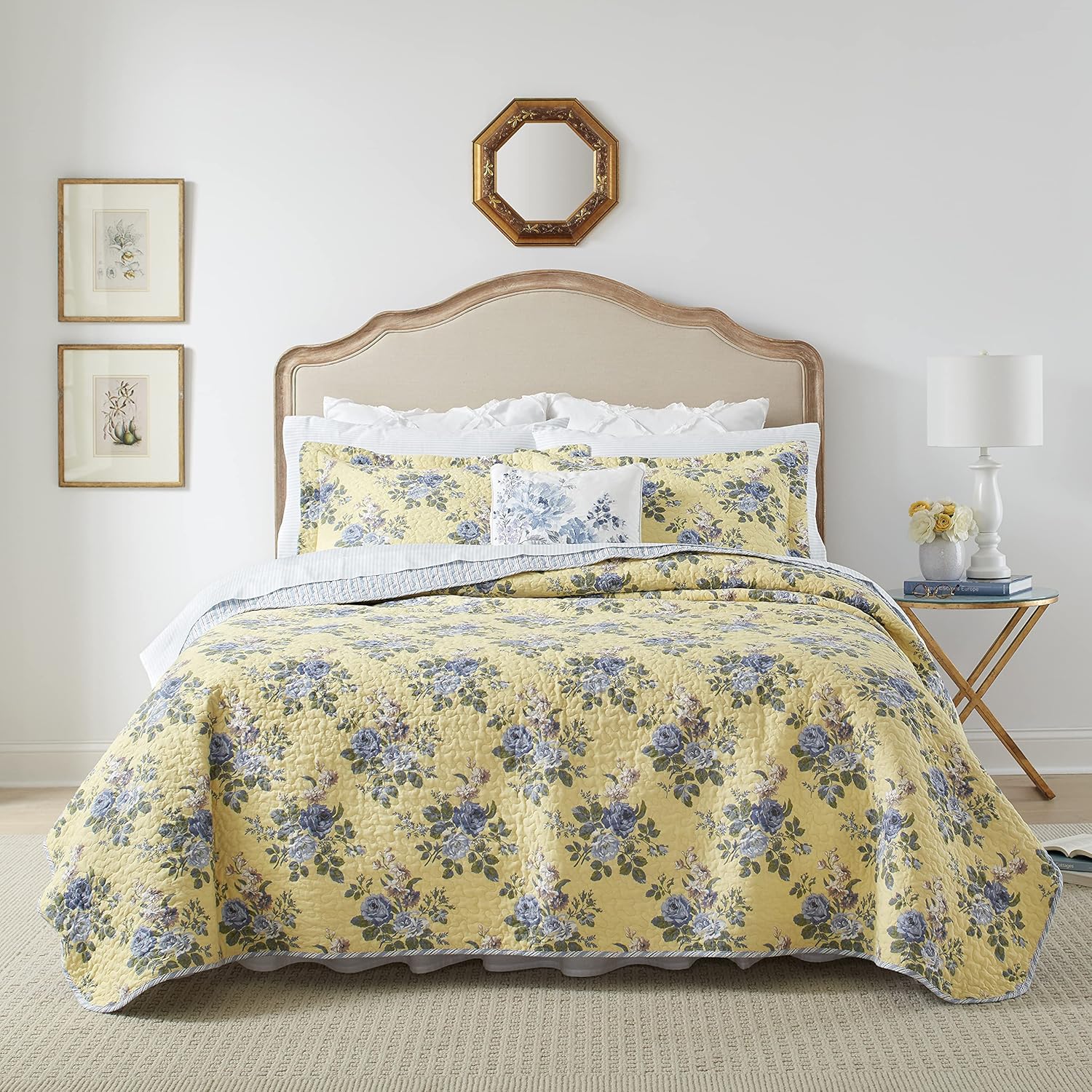 Laura Ashley Twin Quilt Set - Linley Yellow Reversible Cotton Bedding with Matching Sham
