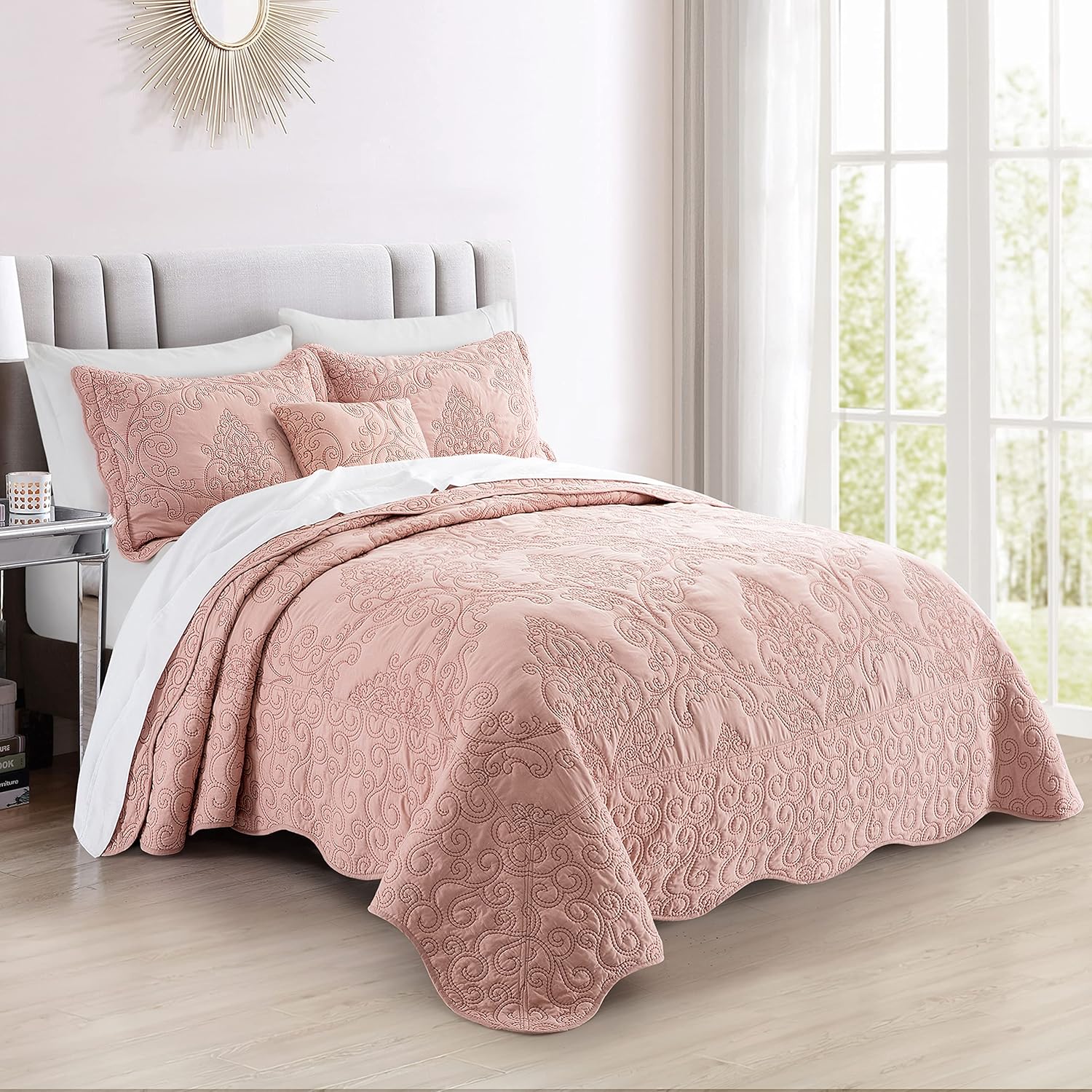 BYTIDE Quilt Bedspread 4 Piece Set Dusty Pink Damask 1