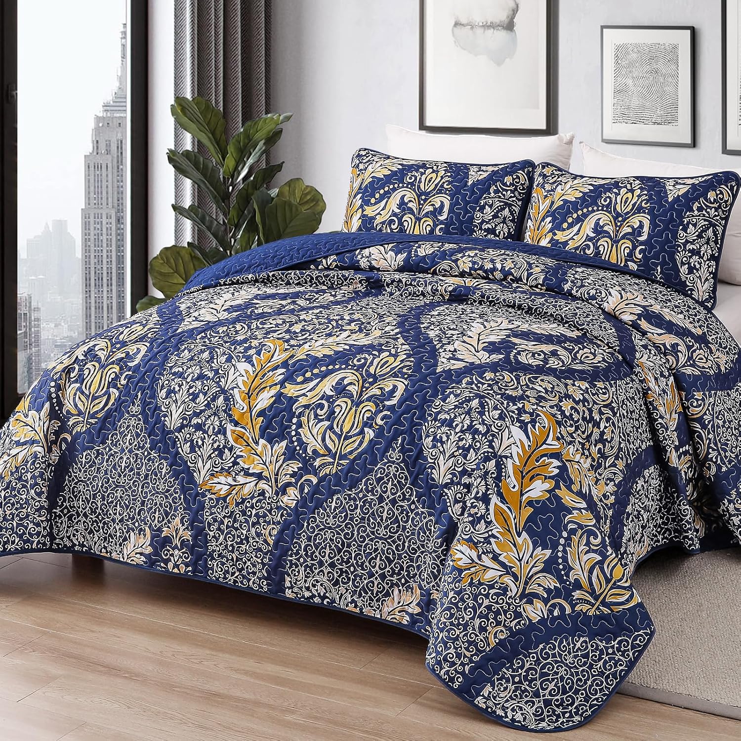 Navy Damask Quilt Set King 3Pcs Microfiber