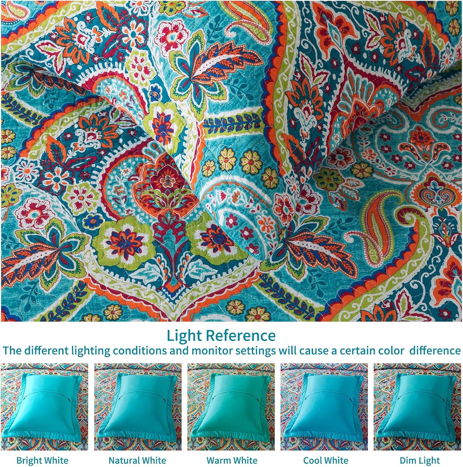 BEDISELY Queen Size Quilt Set - Teal Damask Reversible Bedspread Blanks