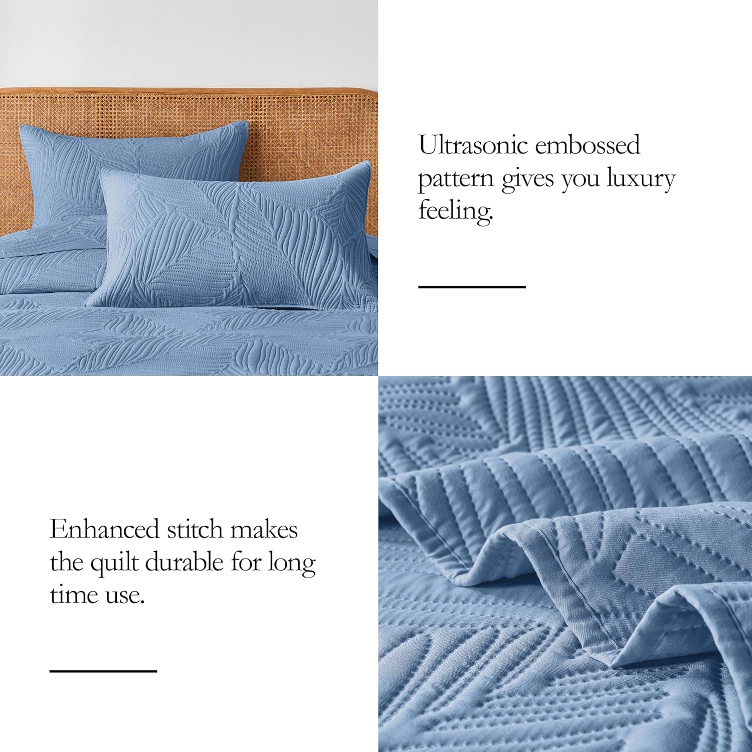 OARAGE Queen Quilt Set Soft Lightweight Bluish Grey with Leaf Pattern