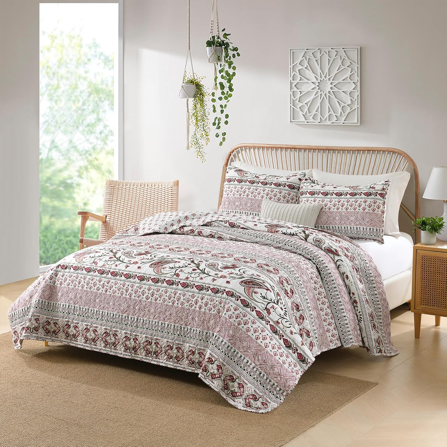 Boho Paisley Red Quilt Set Reversible Twin Size