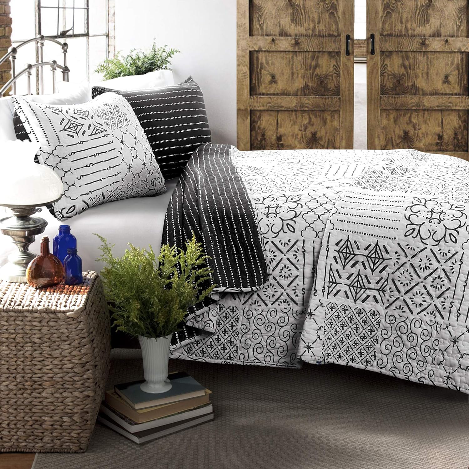 Lush Decor Charcoal Monique 3 Piece Reversible Quilt Set