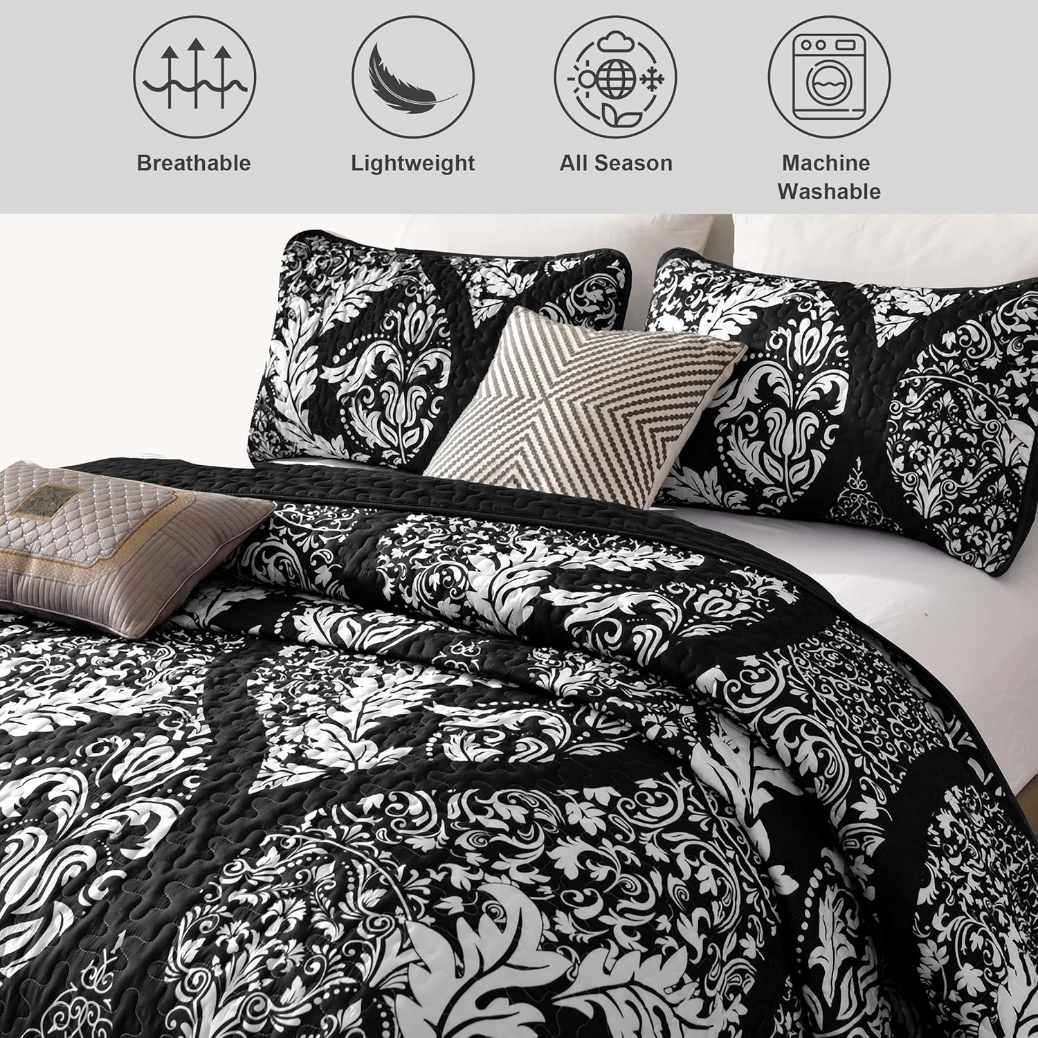 DJY Black Quilt Set Queen Size 3 Pieces 1