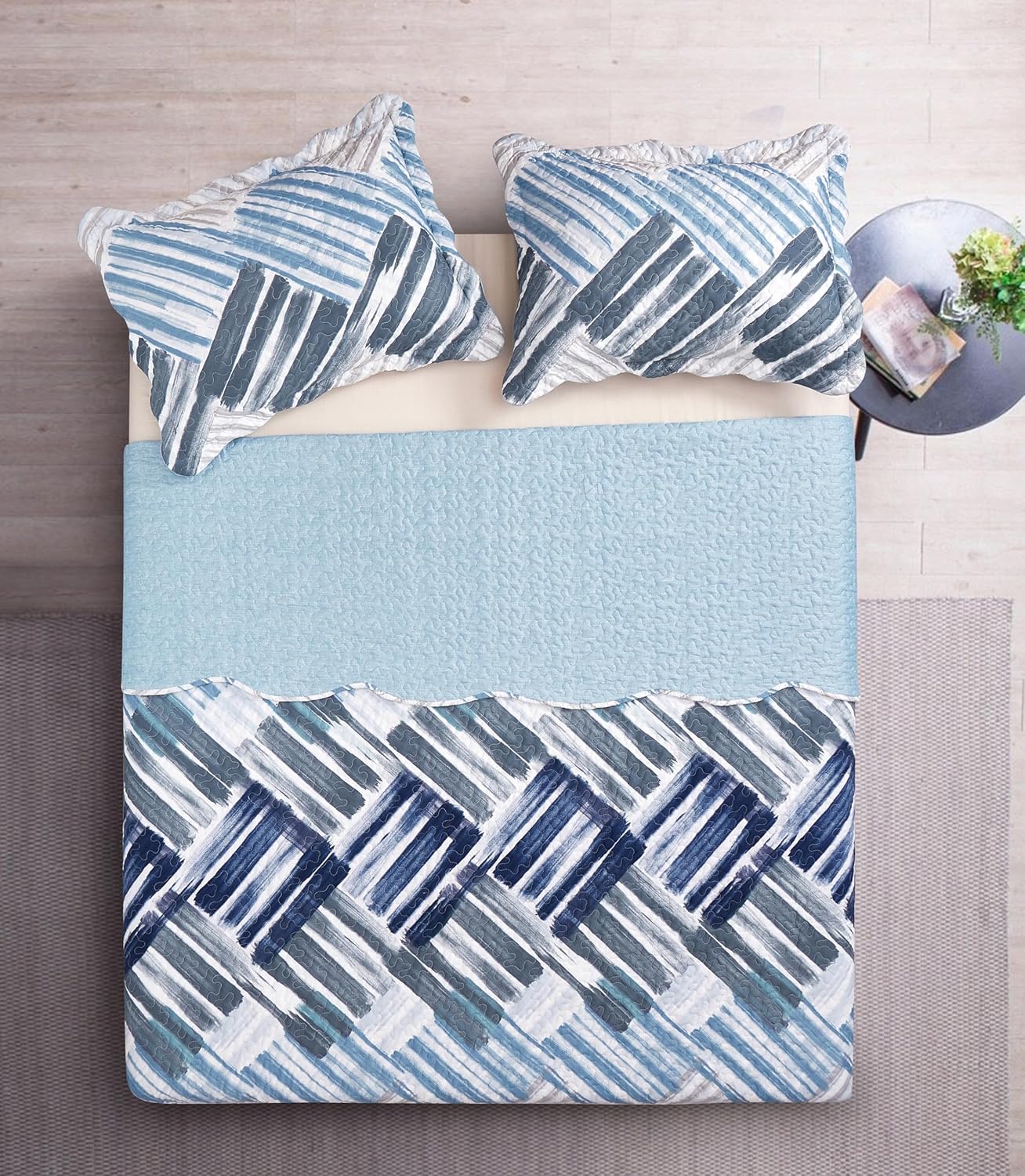 Brilliant Sunshine Blue Grey Stripe Quilt Set 3-Piece 1