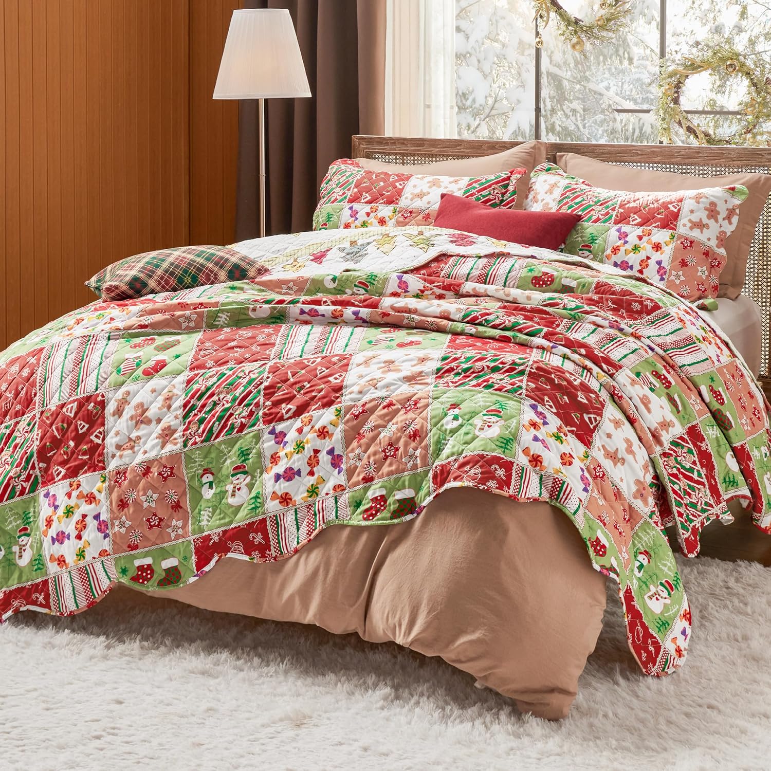 Bedsure Christmas Quilt Set King - Red and Multicolor