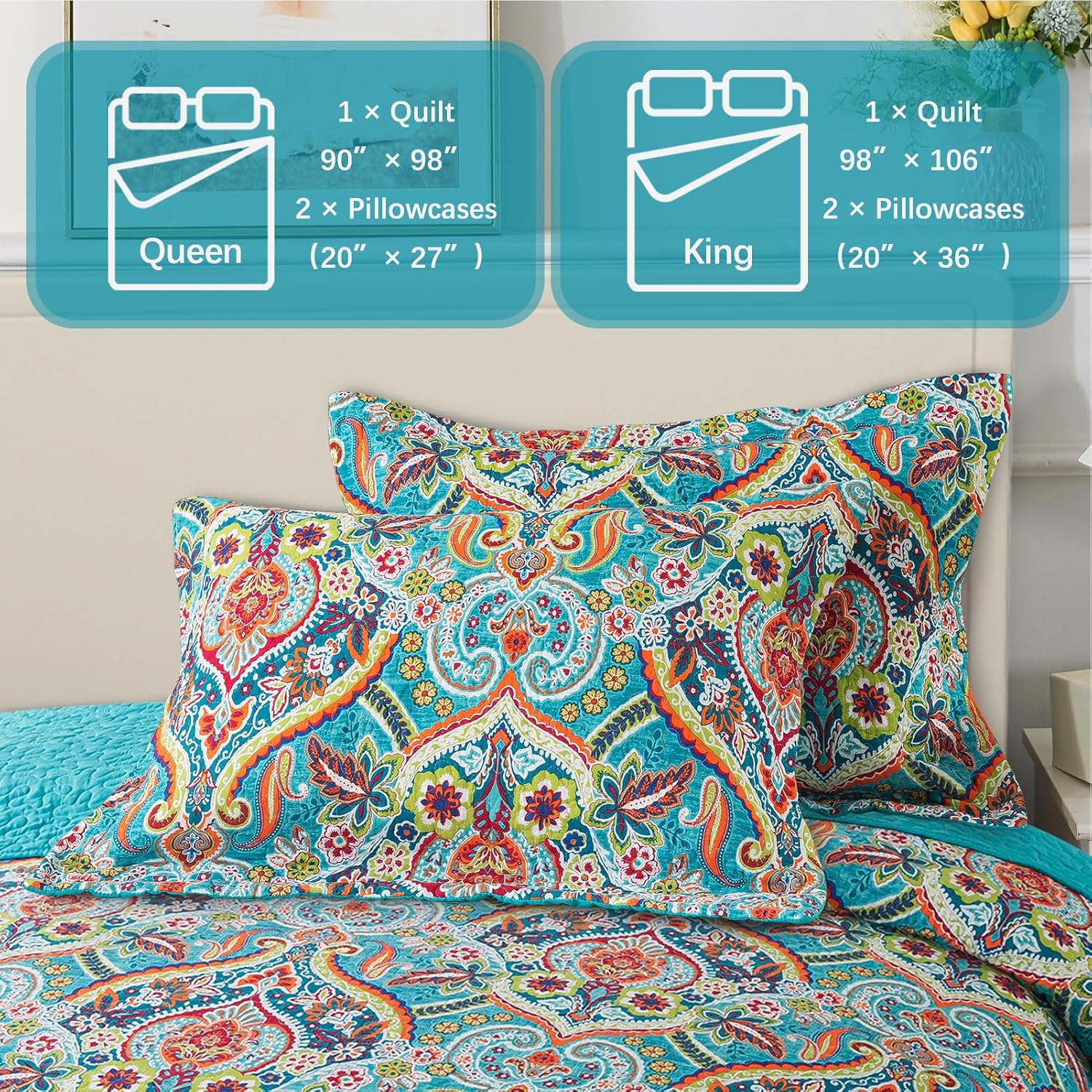 BEDISELY Queen Size Quilt Set - Teal Damask Reversible Bedspread Blanks