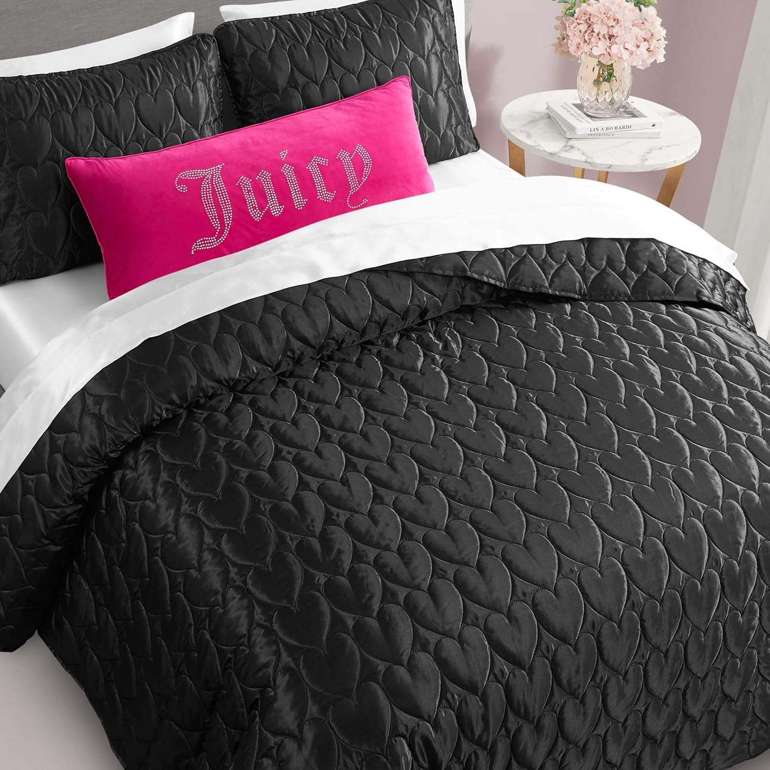 Juicy Couture Satin Heart 3-Piece Quilt Set Black