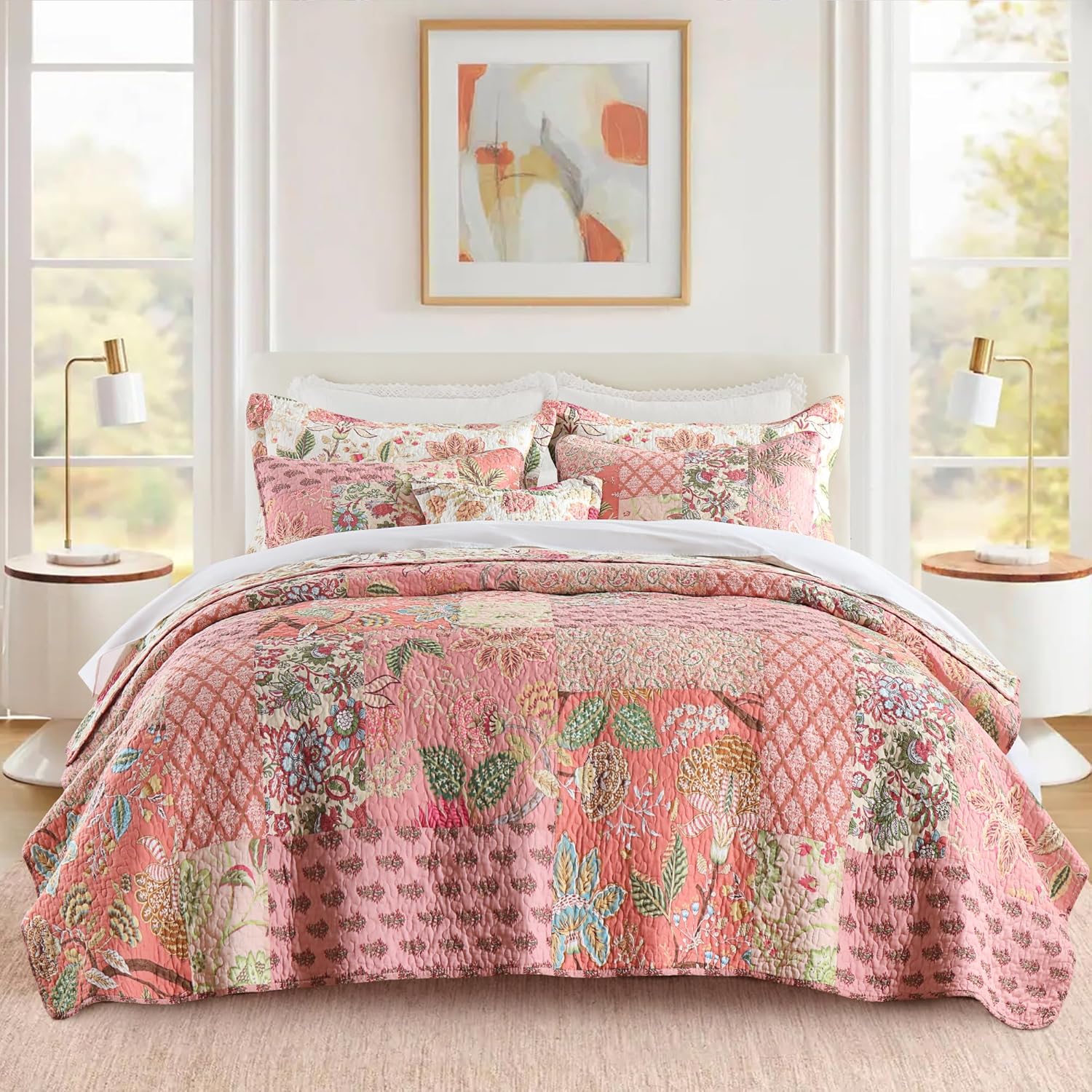 Etwel Queen Quilt Bedding Set Patchwork Floral Pink Comforter