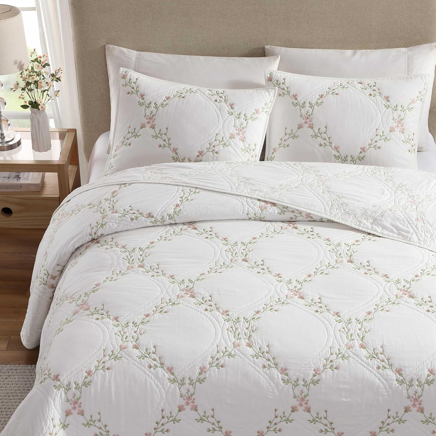 Laura Ashley Twin Quilt Set with Floral Embroidery