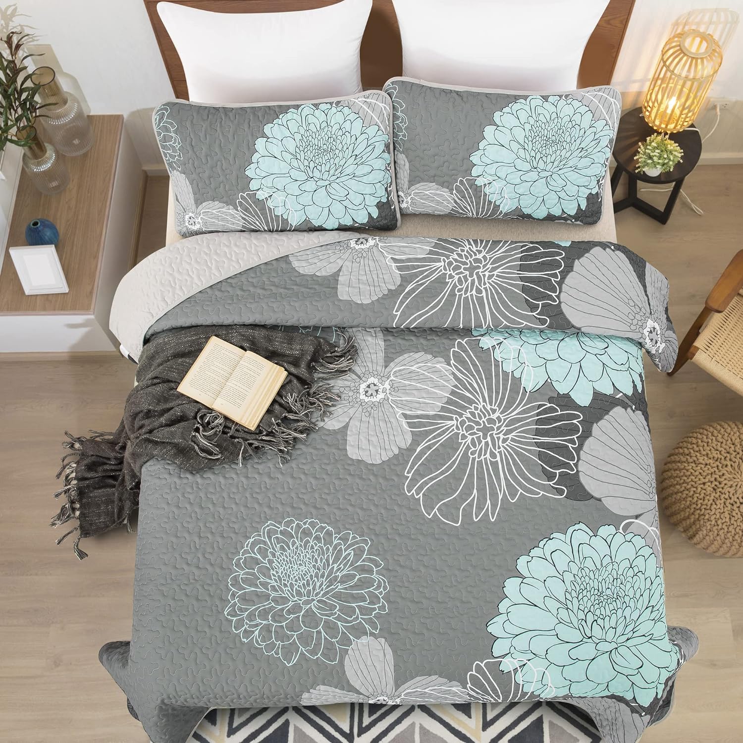 Anibedding Green Floral Twin Quilt Set with Pillowcases