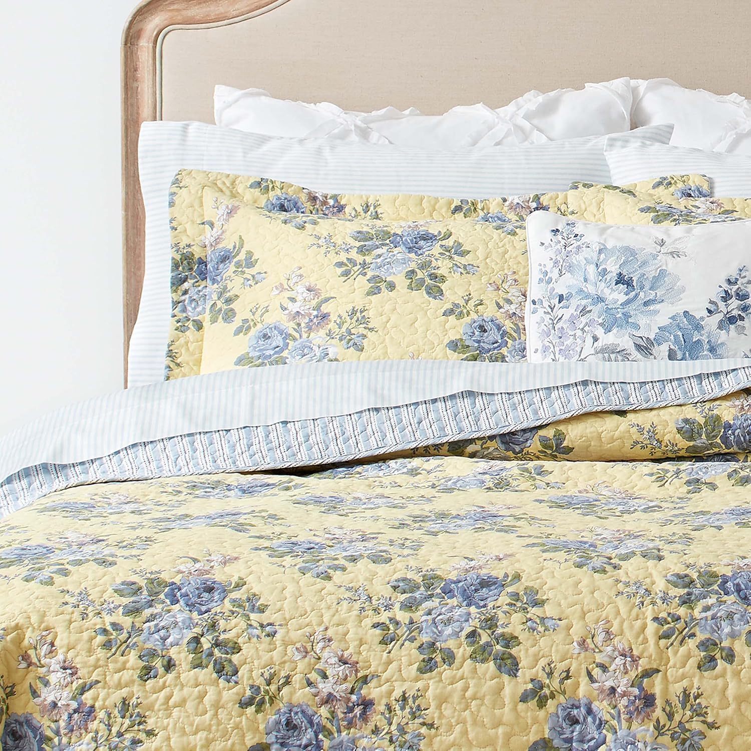 Laura Ashley Twin Quilt Set - Linley Yellow Reversible Cotton Bedding with Matching Sham