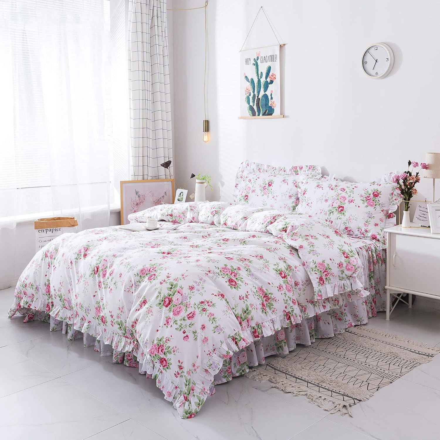 FADFAY 4-Piece Premium Cotton Bedding Set with Pink Rose Print