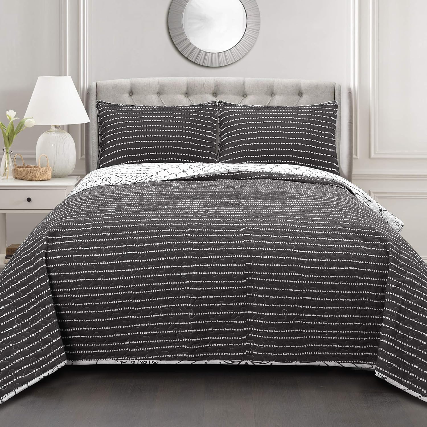 Lush Decor Charcoal Monique 3 Piece Reversible Quilt Set