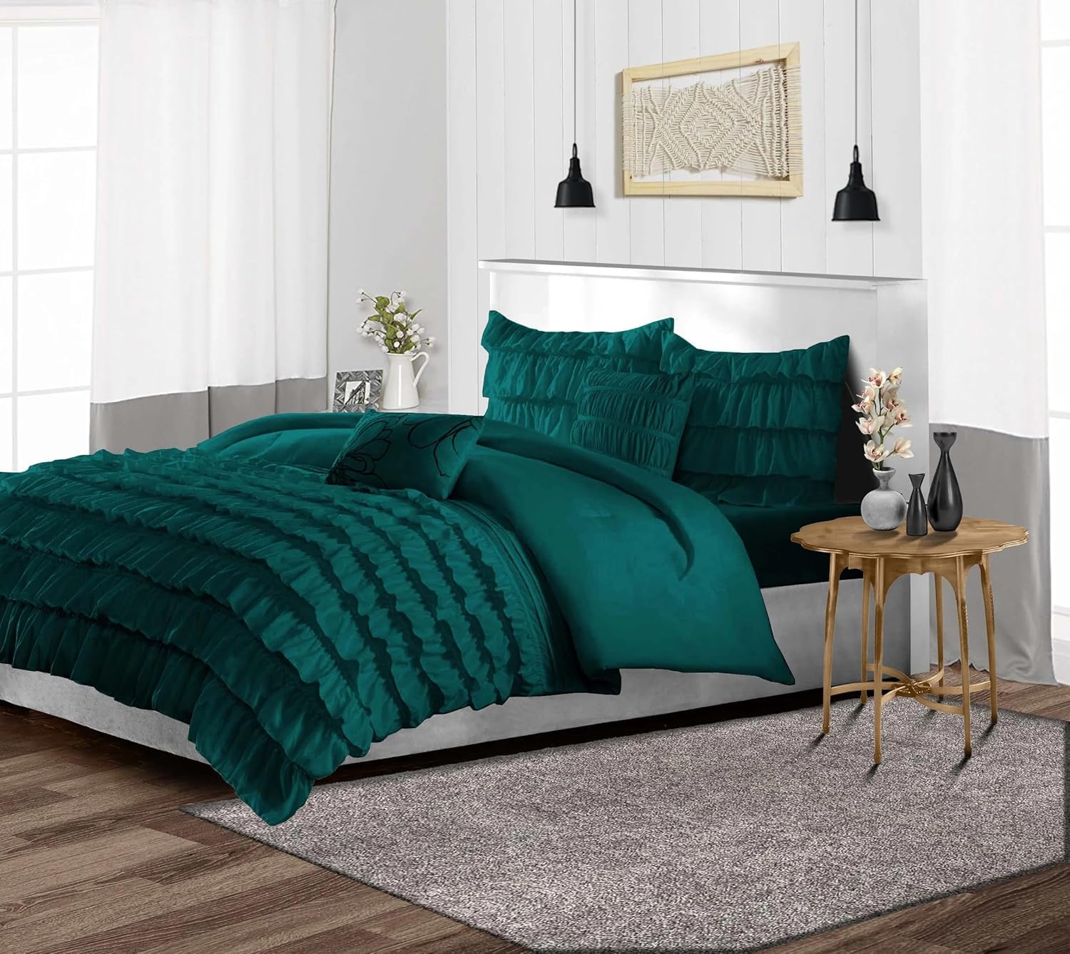 100 Linen Ruffle Duvet Cover Set Dark Green