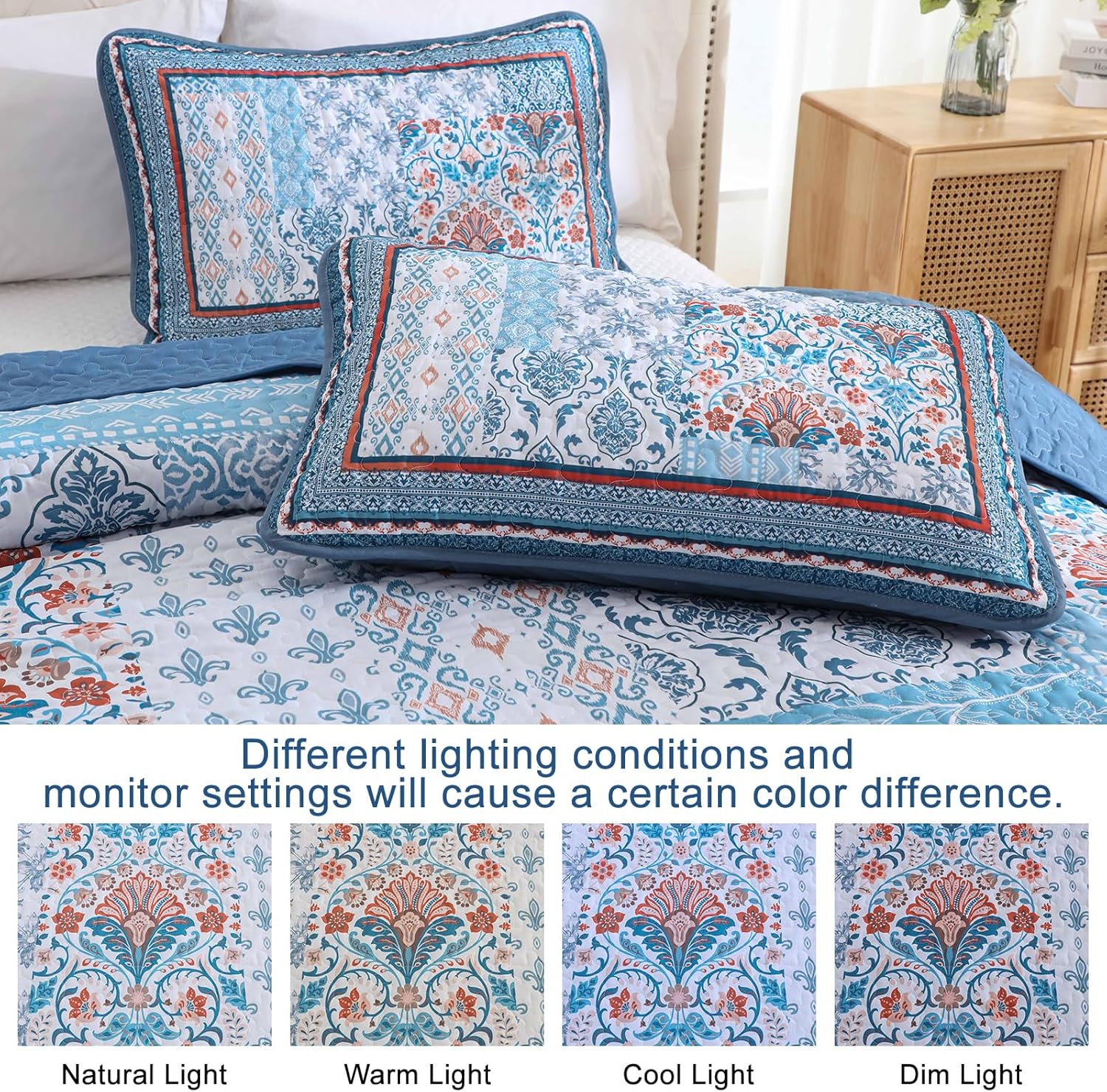 WONGS BEDDING Blue Boho Quilt Set King Size 3 Pieces