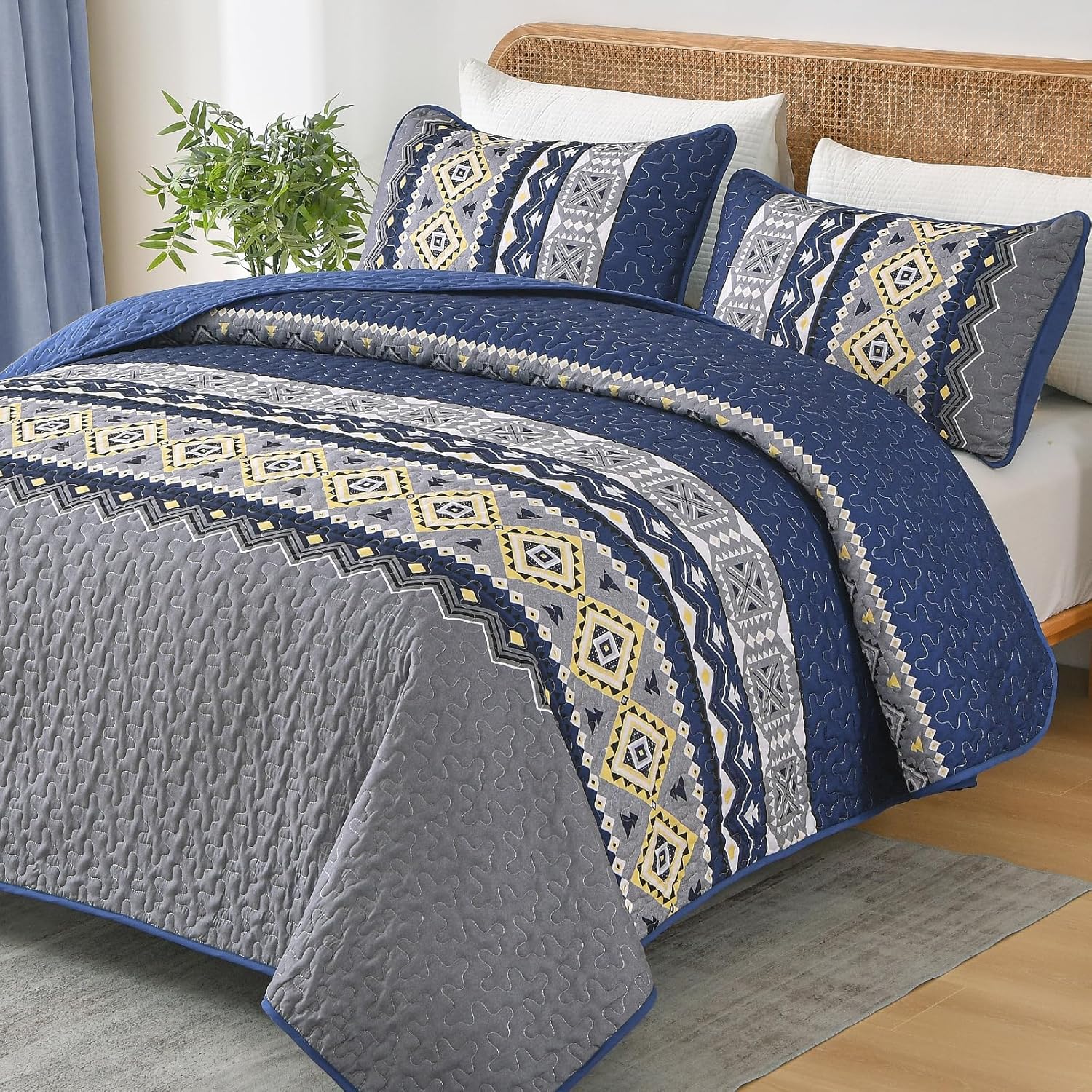 WONGS BEDDING 3 Piece Quilt Set King Size - Navy Blue