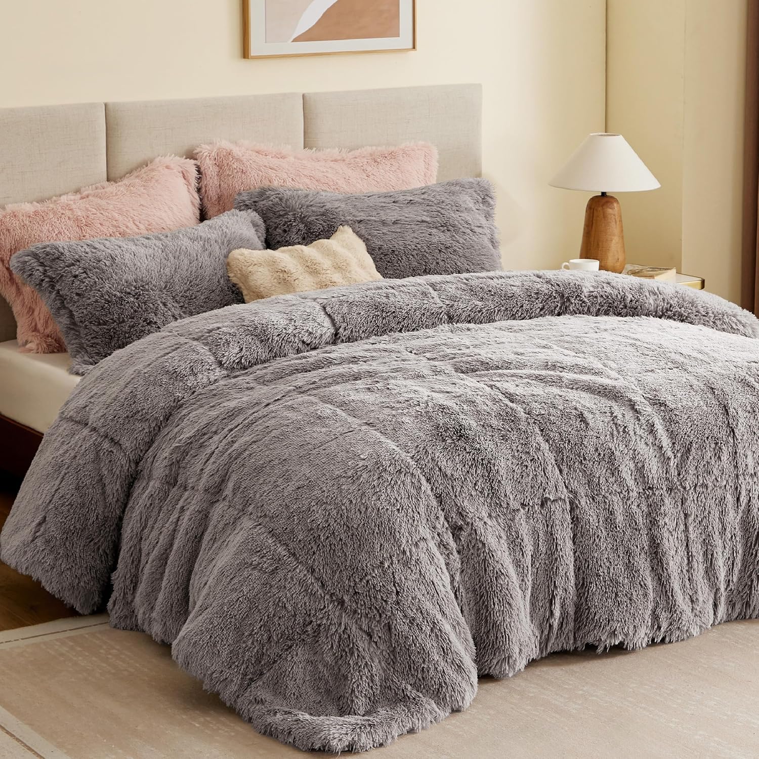 Intelligent Design Shaggy Comforter Set Faux Fur Down Alternative Grey 3 Piece