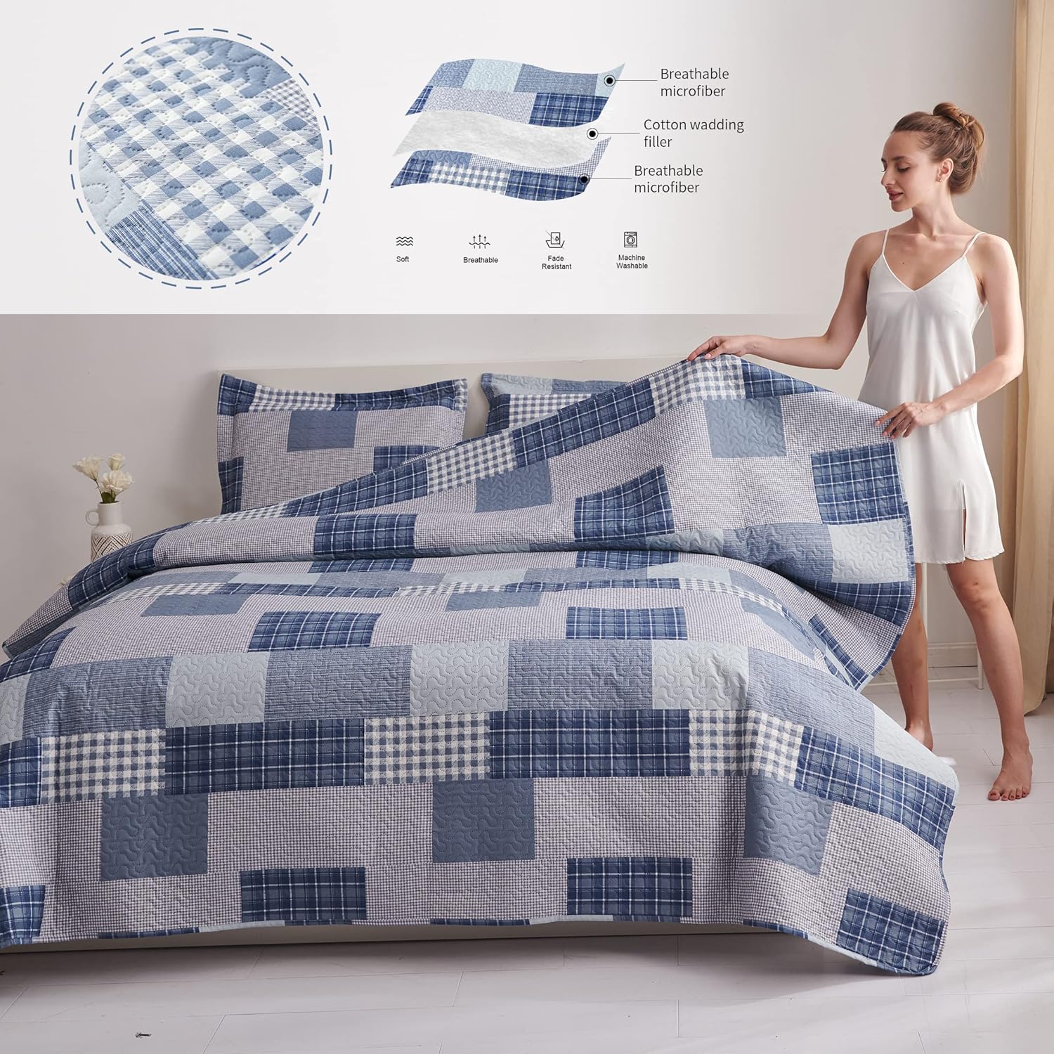 Jessy Home King Size Plaid Quilt Bedding Set