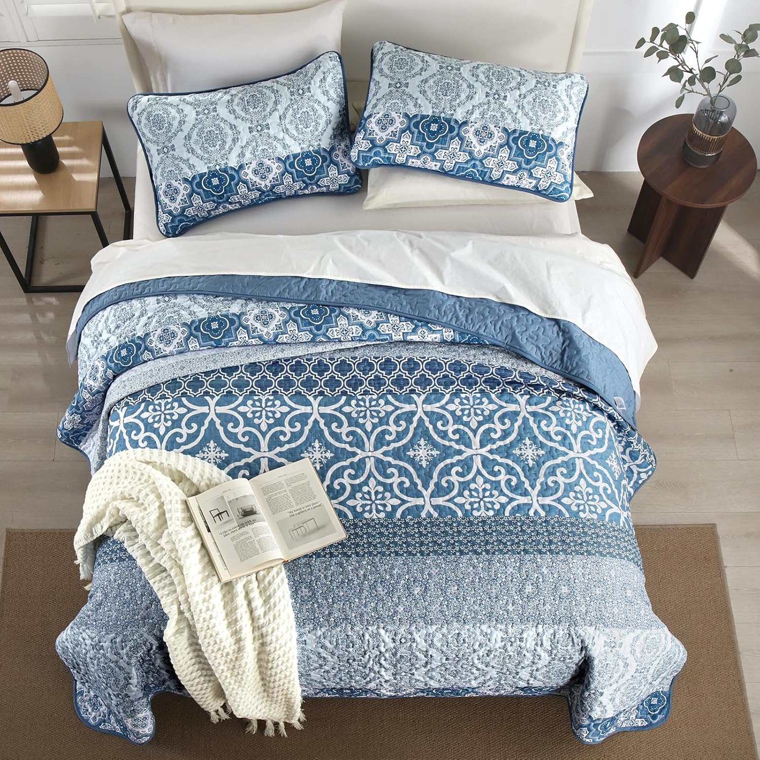 DJY Boho Quilt Set Queen Size 3 Pieces Navy Blue