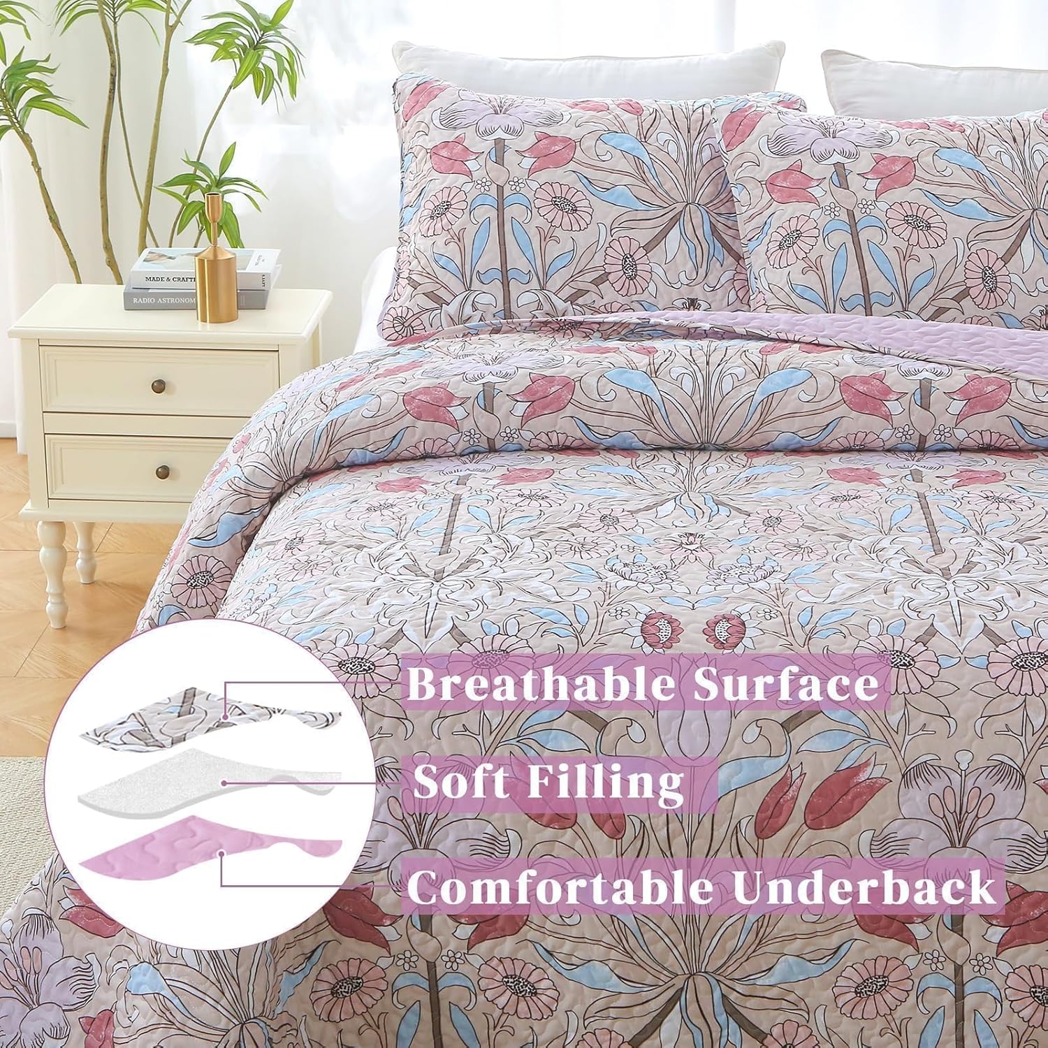 Heymybed Botanical Quilt Set Queen Size Pink Floral