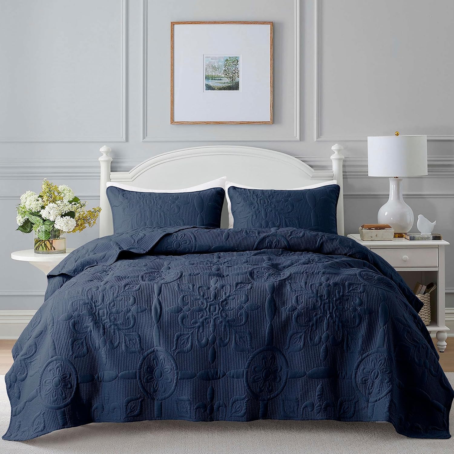 B2EVER Navy Blue Damask Quilt Queen Set with 2 Pillow Shams
