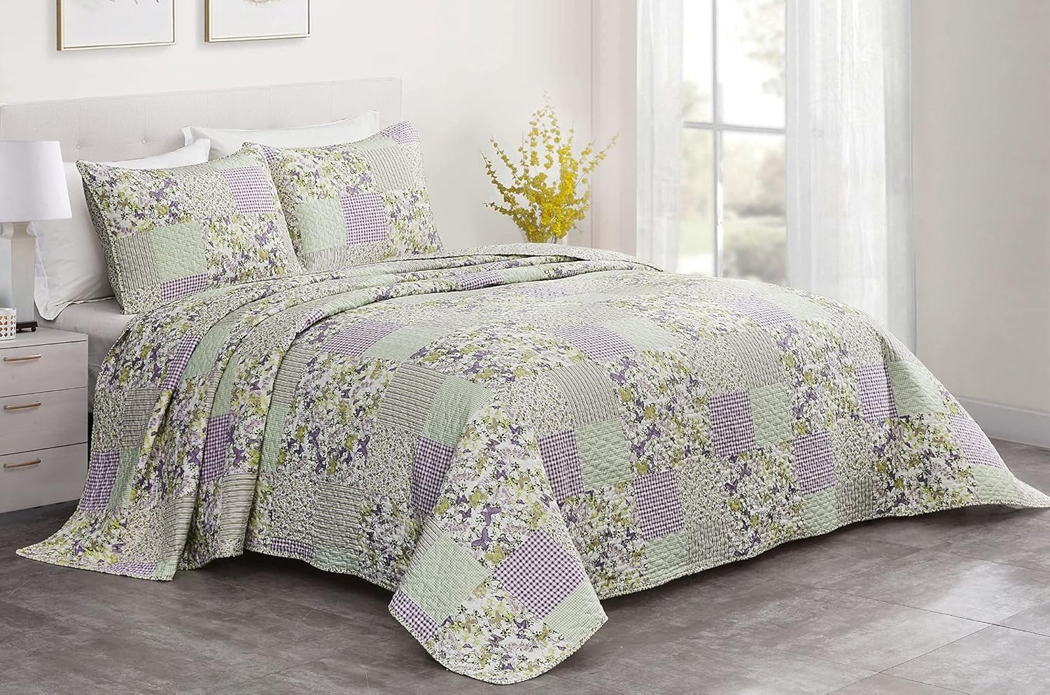 Chezmoi Collection Daisy 3-Piece Quilt Set - Purple Butterfly Botanical Design