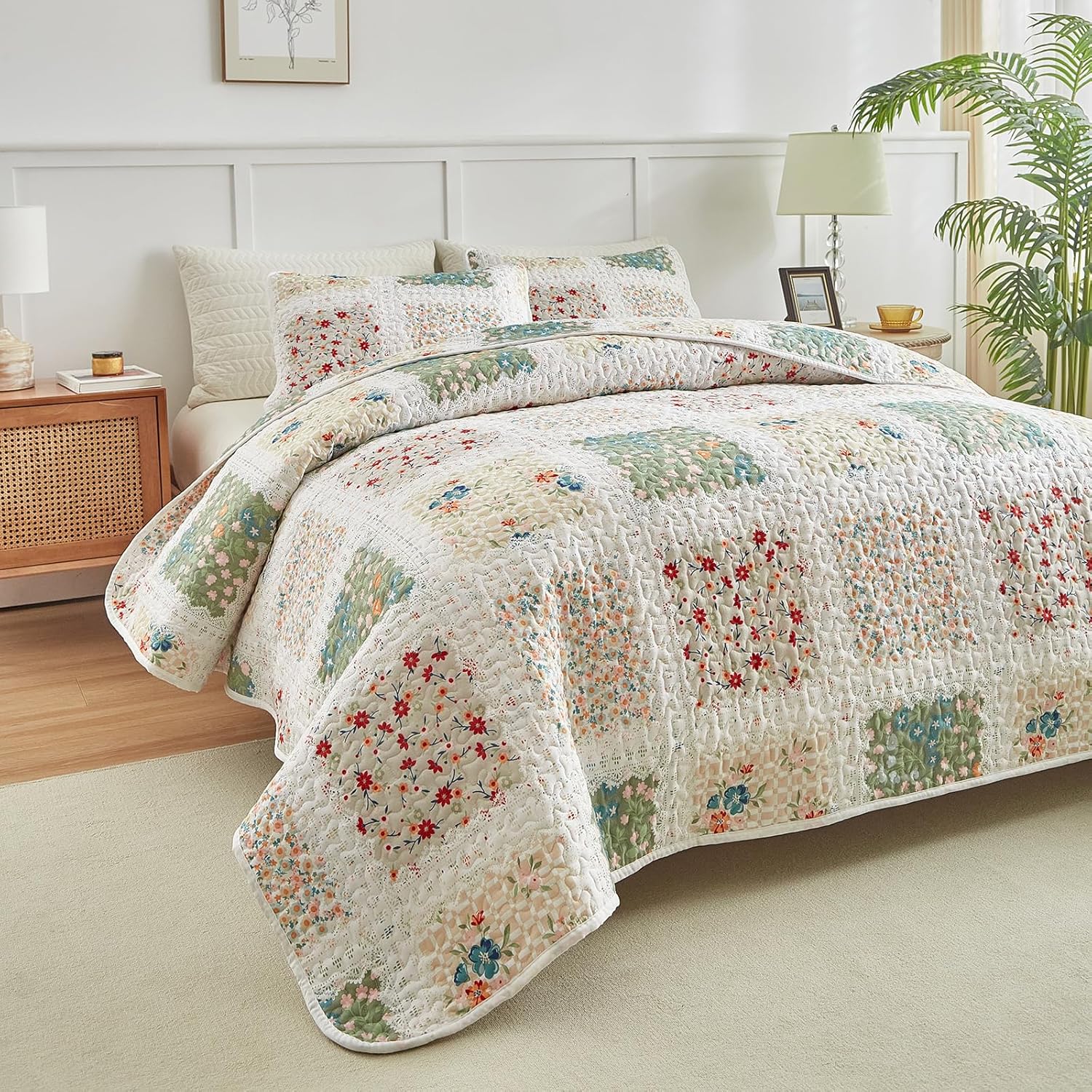 UOZZI BEDDING Floral Patchwork Quilt Set Queen Full 88x88 3 PC