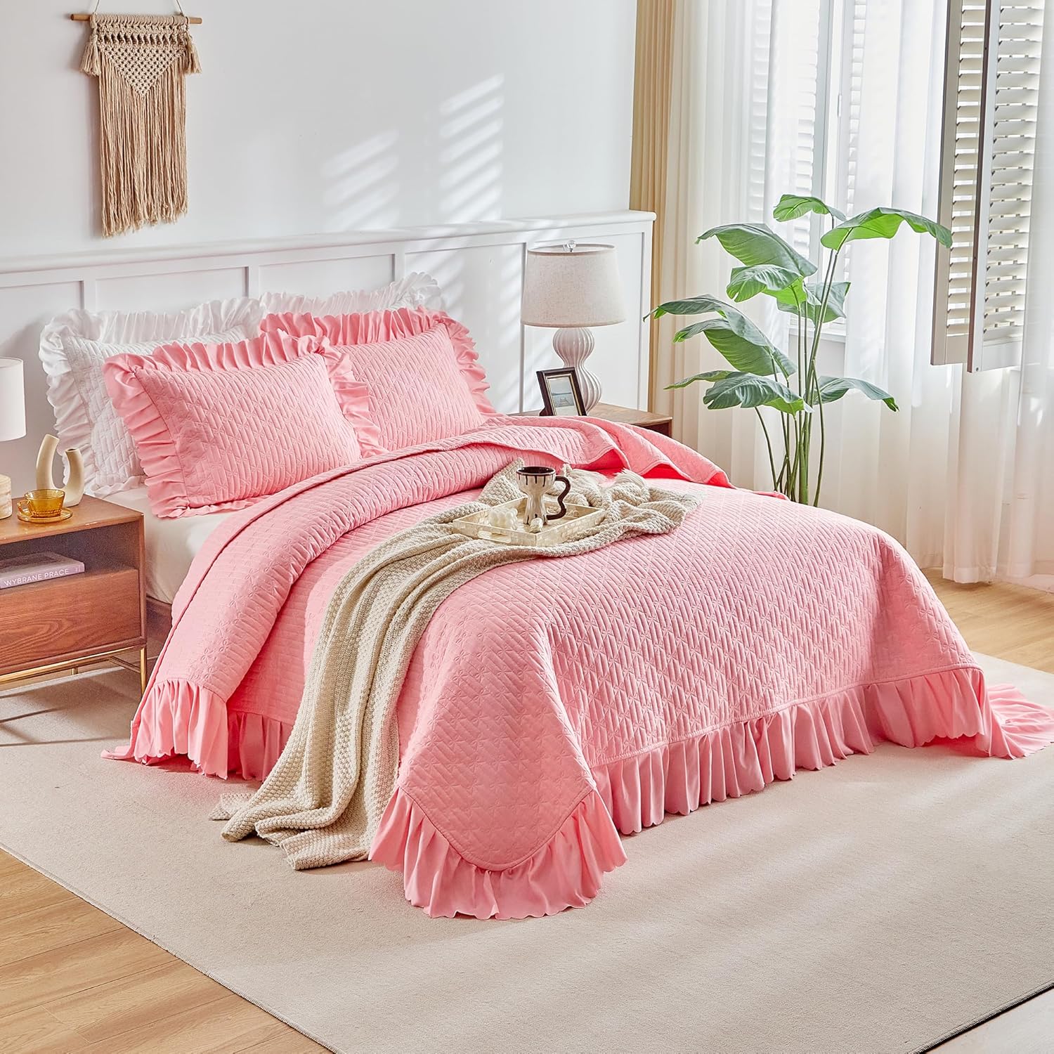 UOZZI Ruffled Quilt Bedding Set Queen 96x96