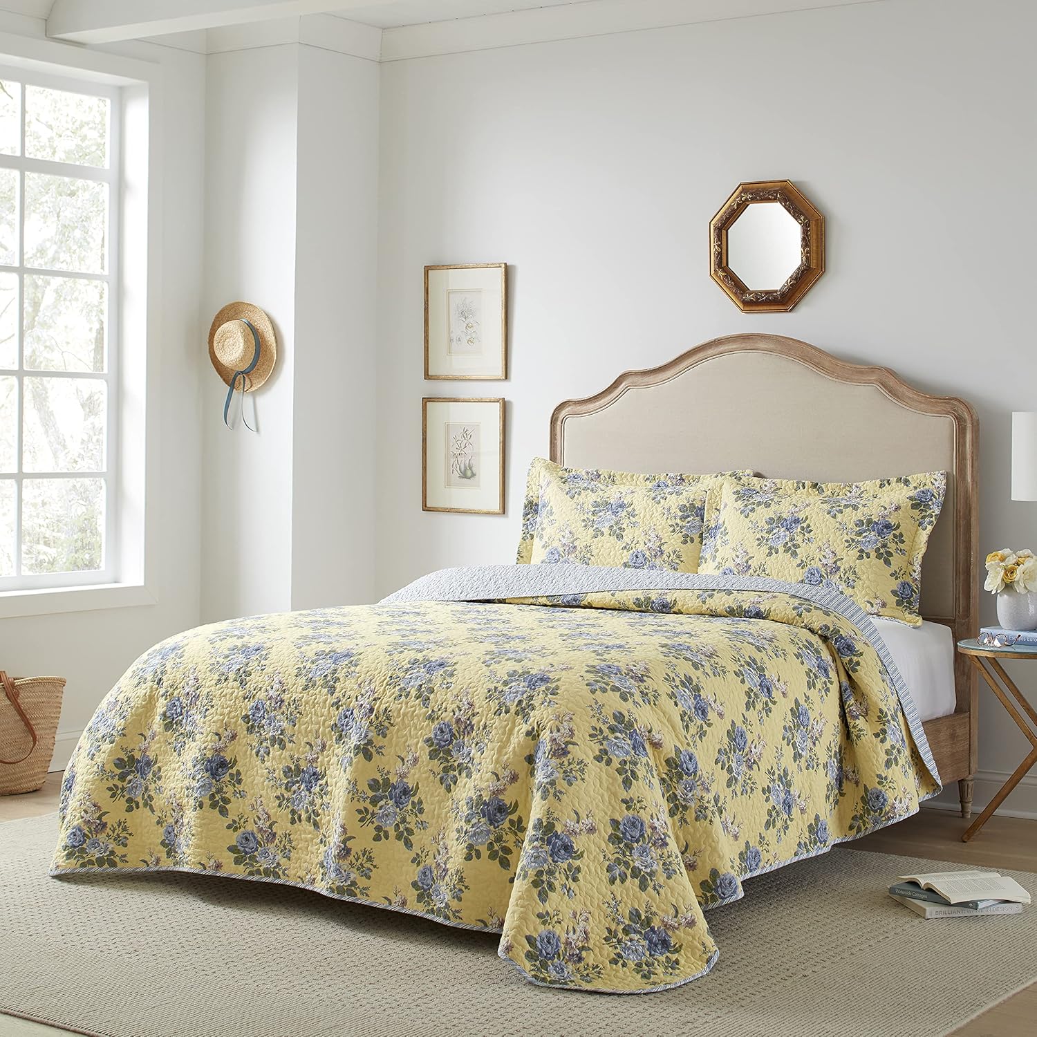 Laura Ashley Twin Quilt Set - Linley Yellow Reversible Cotton Bedding with Matching Sham