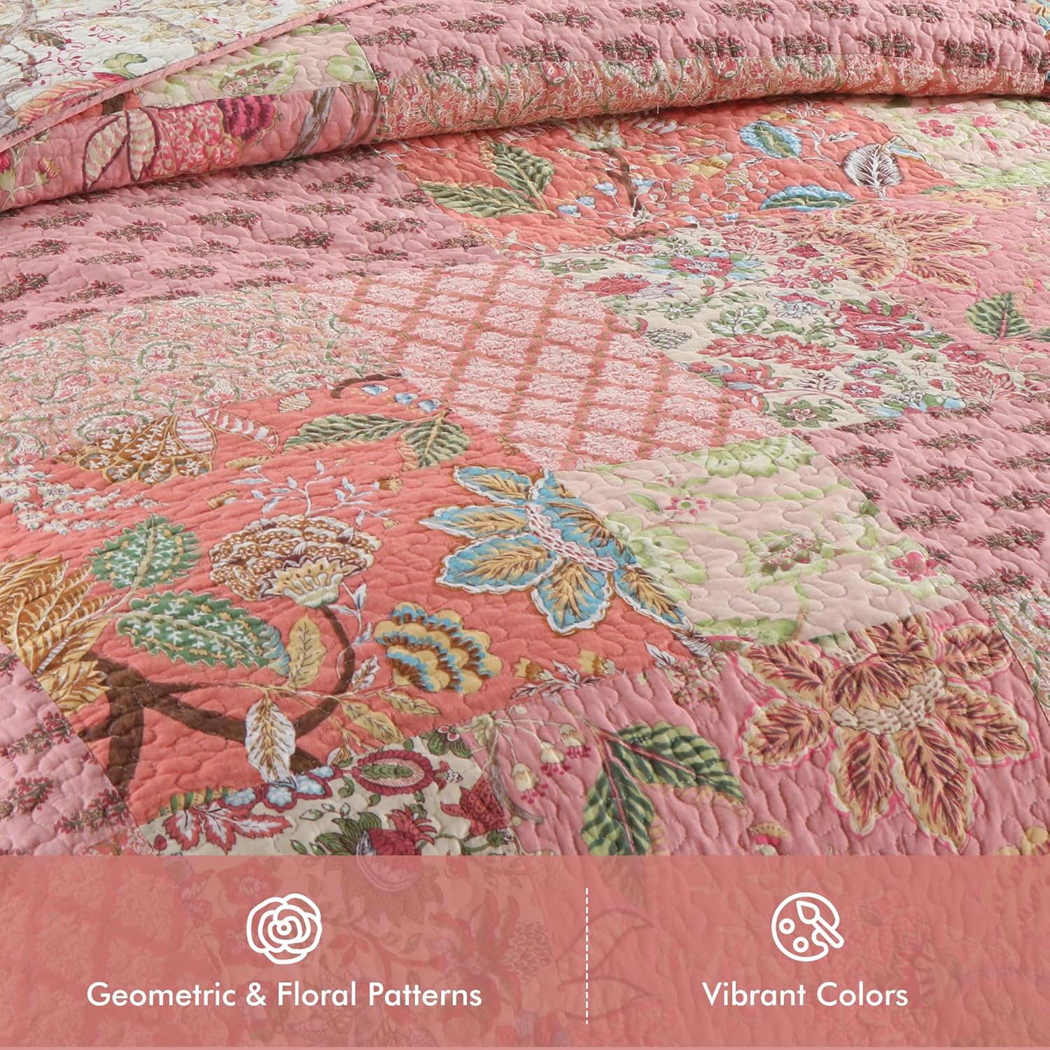 Etwel Queen Quilt Bedding Set Patchwork Floral Pink Comforter