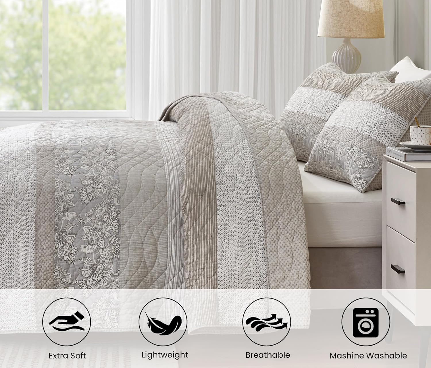 Chezmoi Collection Robyn Quilt Set - 2-Piece Neutral Taupe Gray White