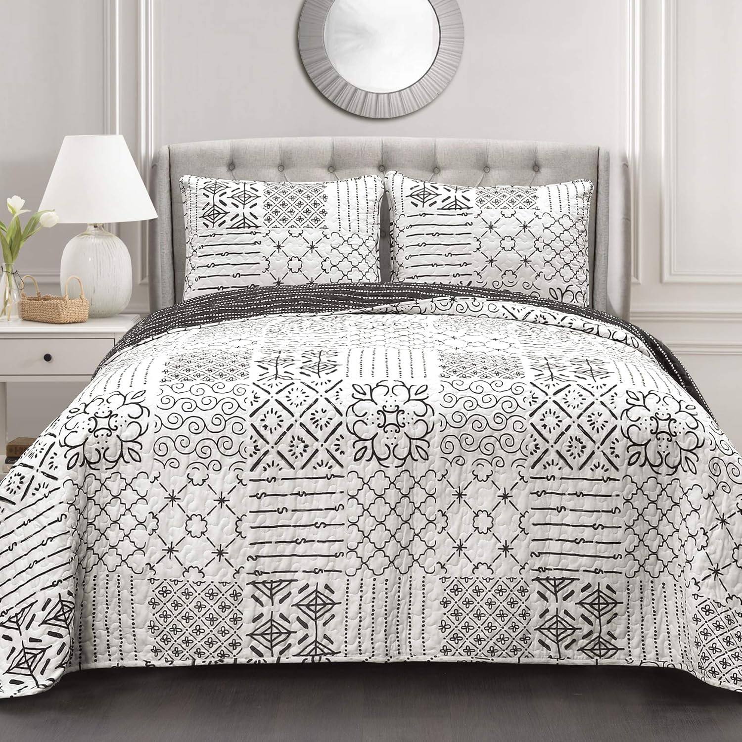 Lush Decor Charcoal Monique 3 Piece Reversible Quilt Set