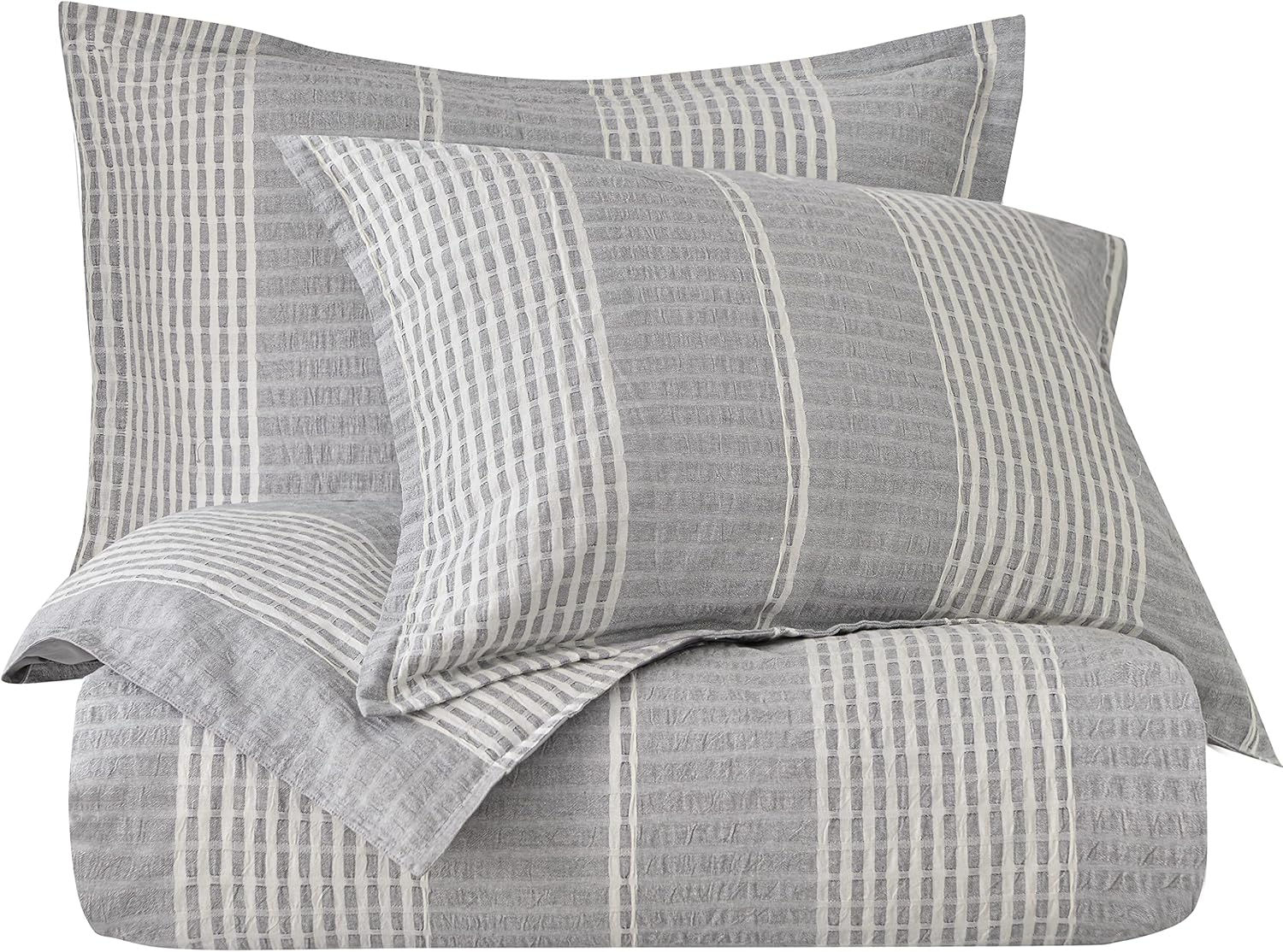 HiEnd Accents 3-Piece Duvet Cover Set Lane Gray White Stripe Seersucker