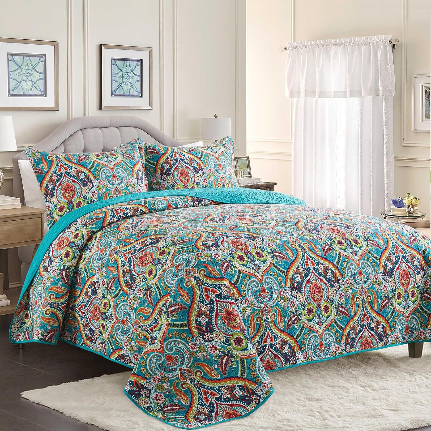 BEDISELY Queen Size Quilt Set - Teal Damask Reversible Bedspread Blanks