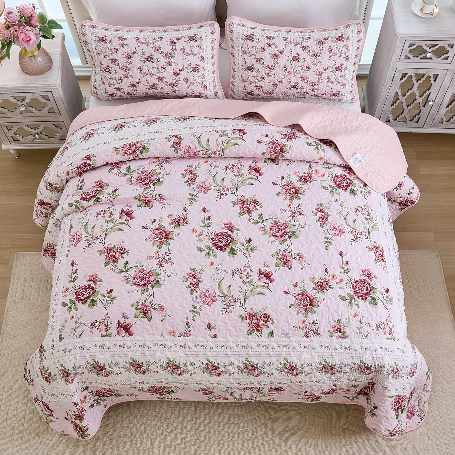 Xruibed Floral Quilt Set Queen Size 3PCs