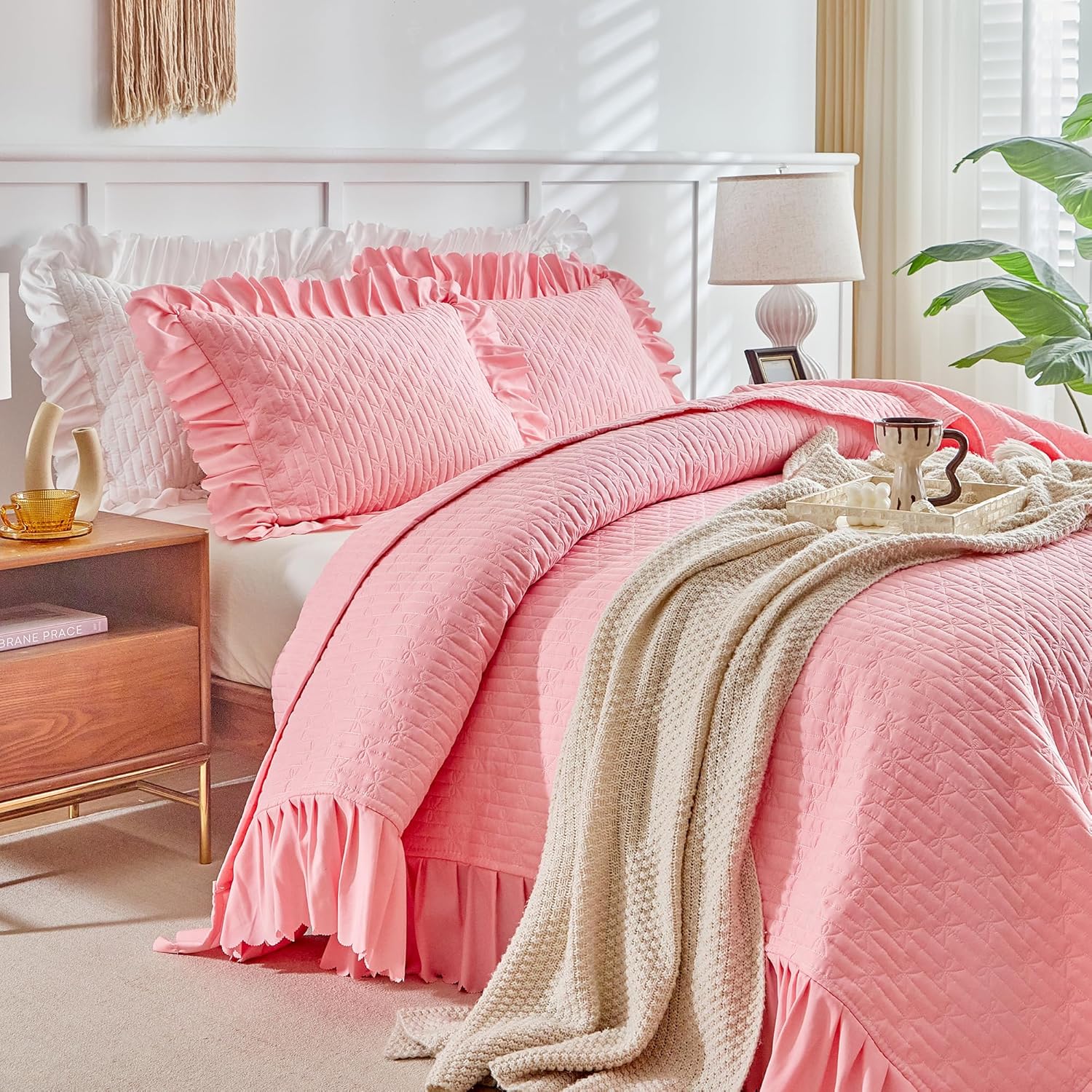 UOZZI Ruffled Quilt Bedding Set Queen 96x96