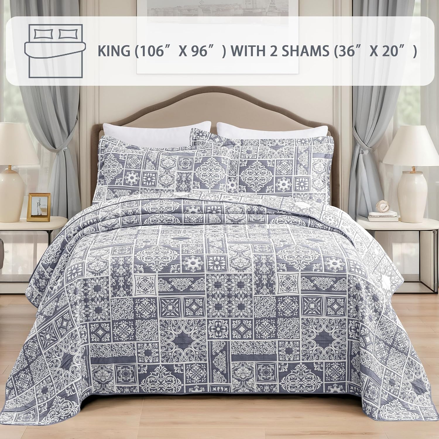 Asuexpect 3 Piece Grey Blue Patchwork Quilt Set King Size